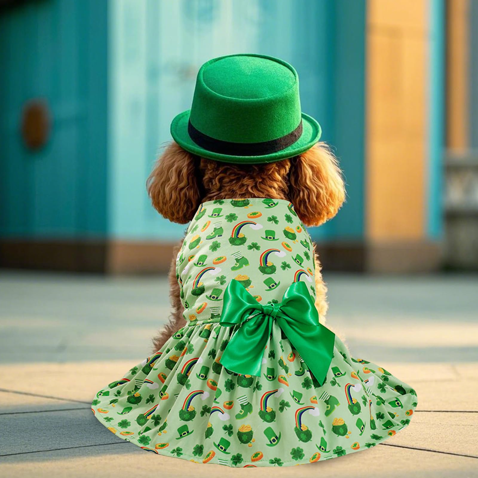 St. Patrick'S Day Dog Costume Dress L, Green Clover And Horseshoe Print With Satin Bow, Pet Dress For 11-13 Lbs Dogs And Cats, F