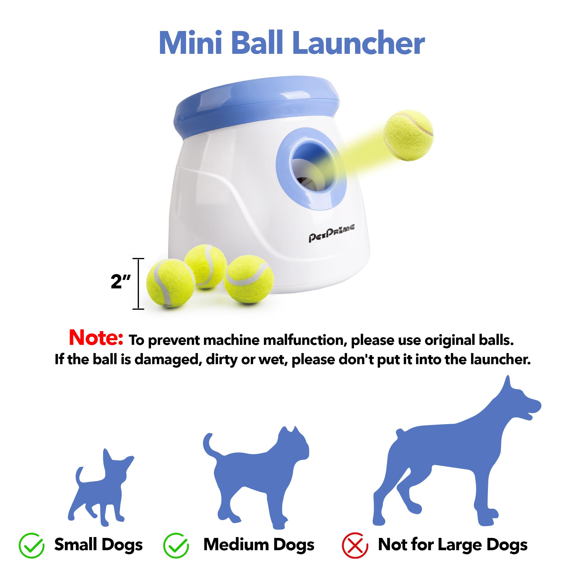 PetPrime Dog Automatic Ball Launcher Dog Interactive Toy Dog Fetch Toy Pet 2'' Thrower Throwing Game 3 Tennis Balls Tennis Mini