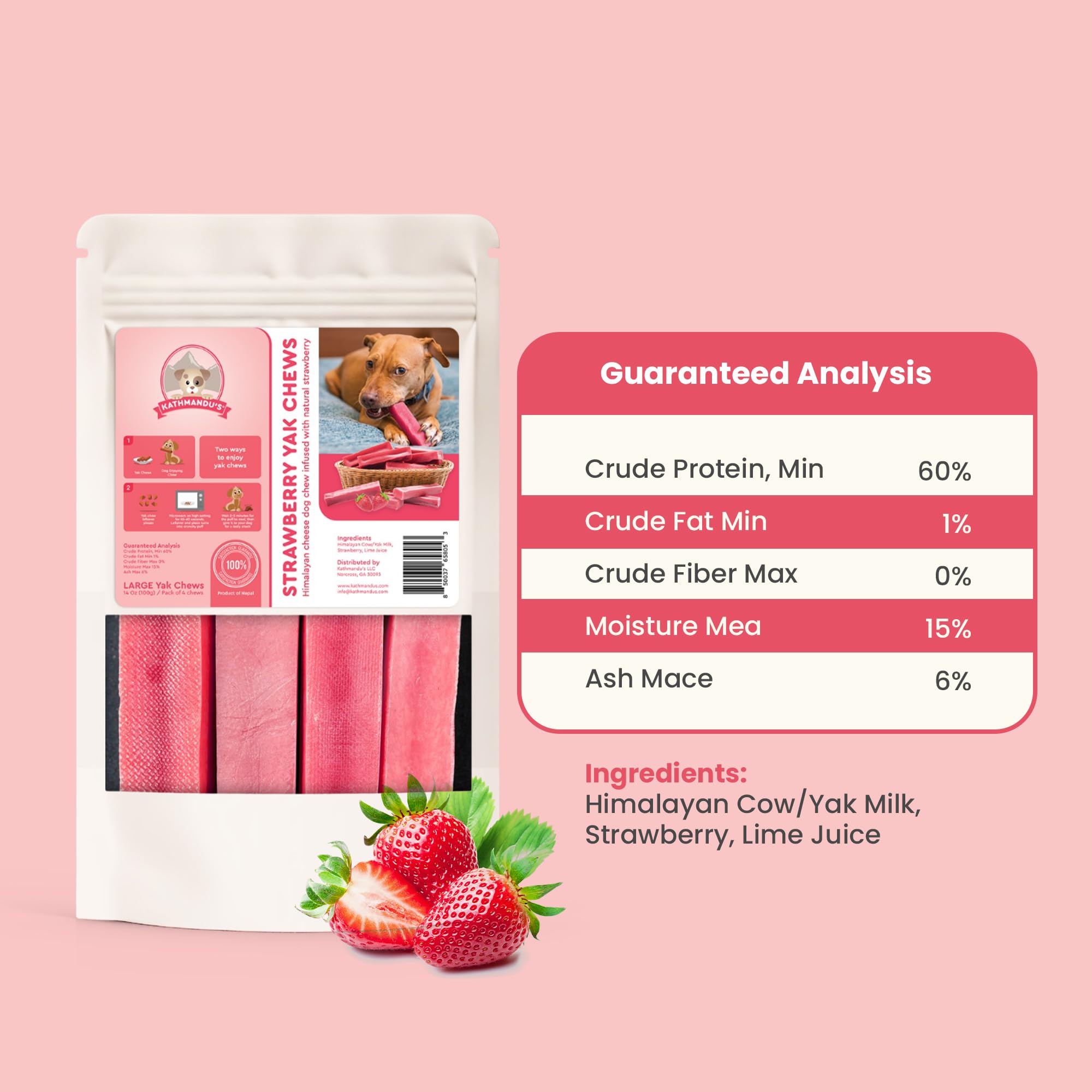 KATHMANDUS 100% Natural Strawberry Flavor Yak Chews - Keep Dogs Busy & Happy with our Lactose & Rawhide Free Himalayan Dog Chew