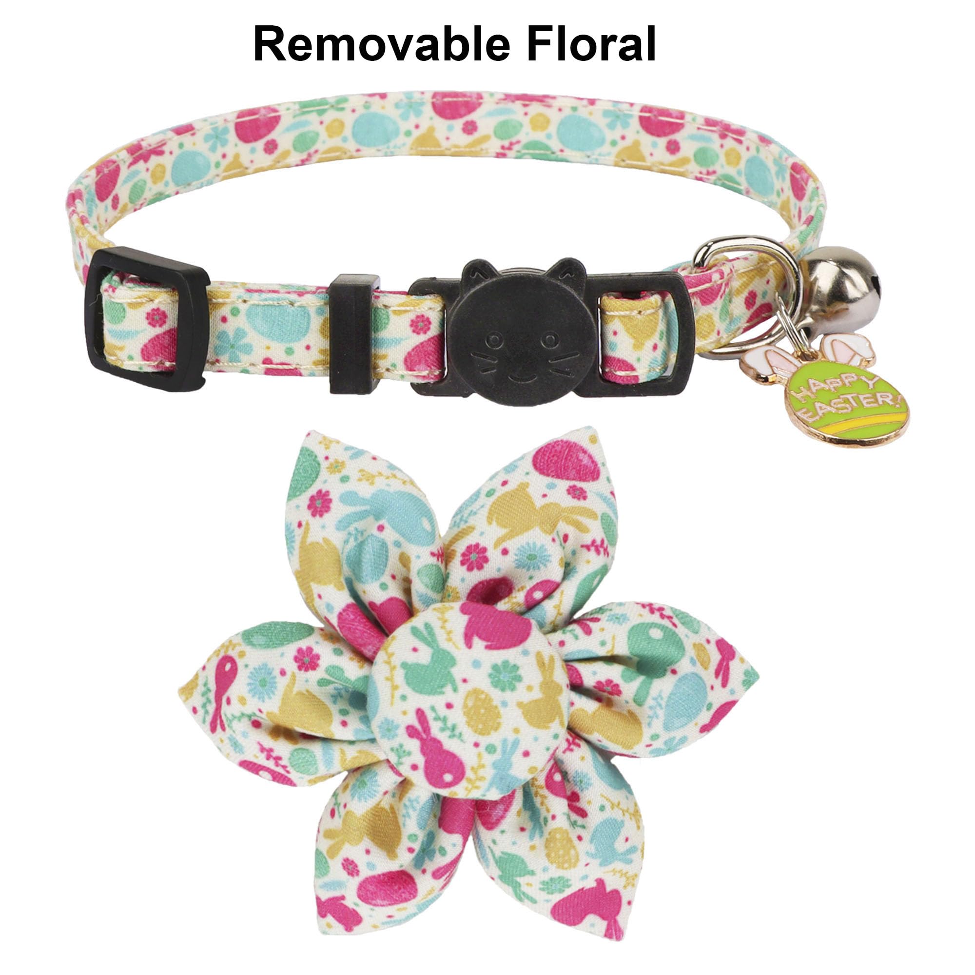Adoggygo Easter Cat Collars With Removable Flower Bell, Adjustable Rabbit Easter Eggs Pattern Cat Floral Collars For Cats Kitten