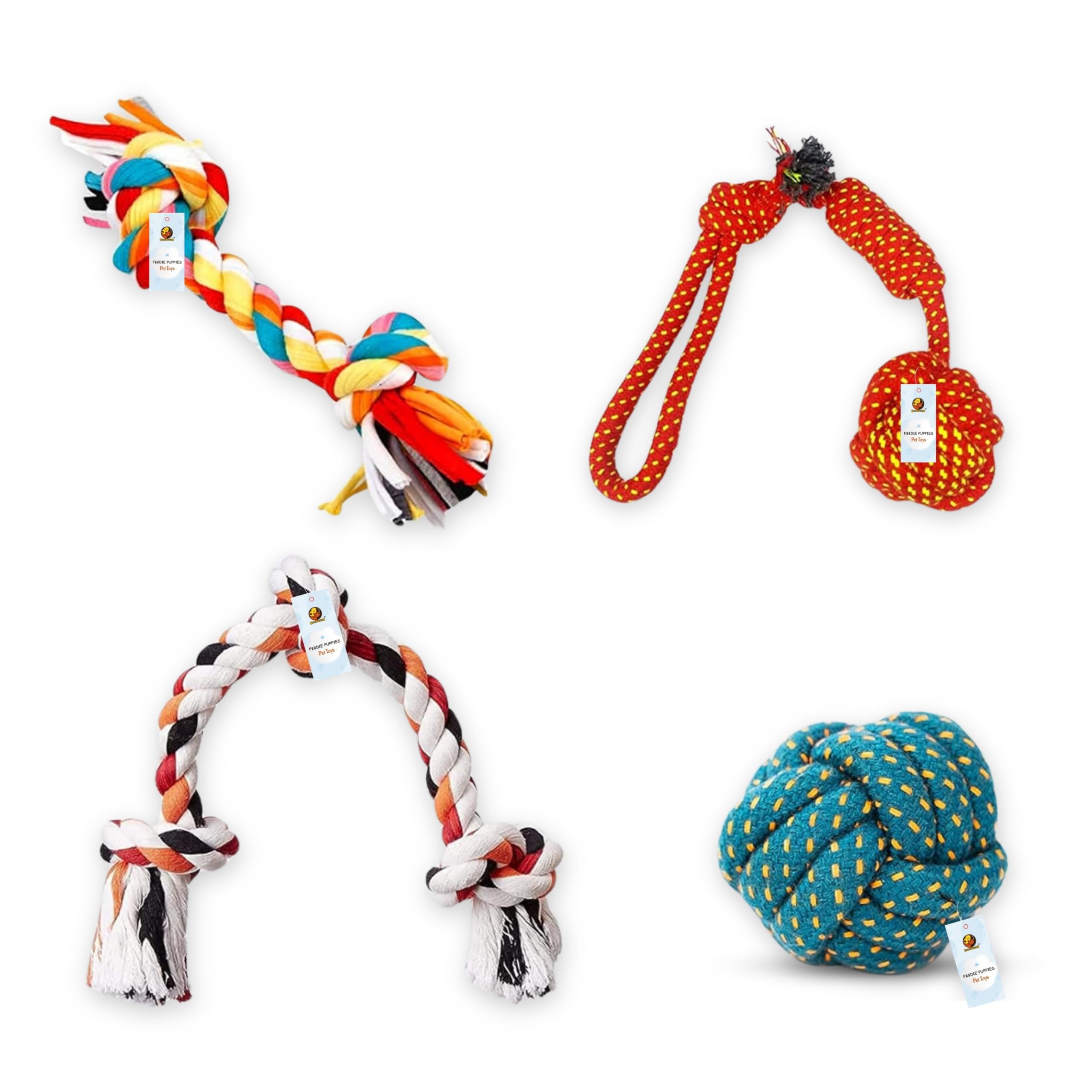 Foodie Puppies Dog Rope Combo of 4 Chewing Teething Fetching Durable Toys for Puppies and Small to Medium Size Dogs (2Knot + 3Kn