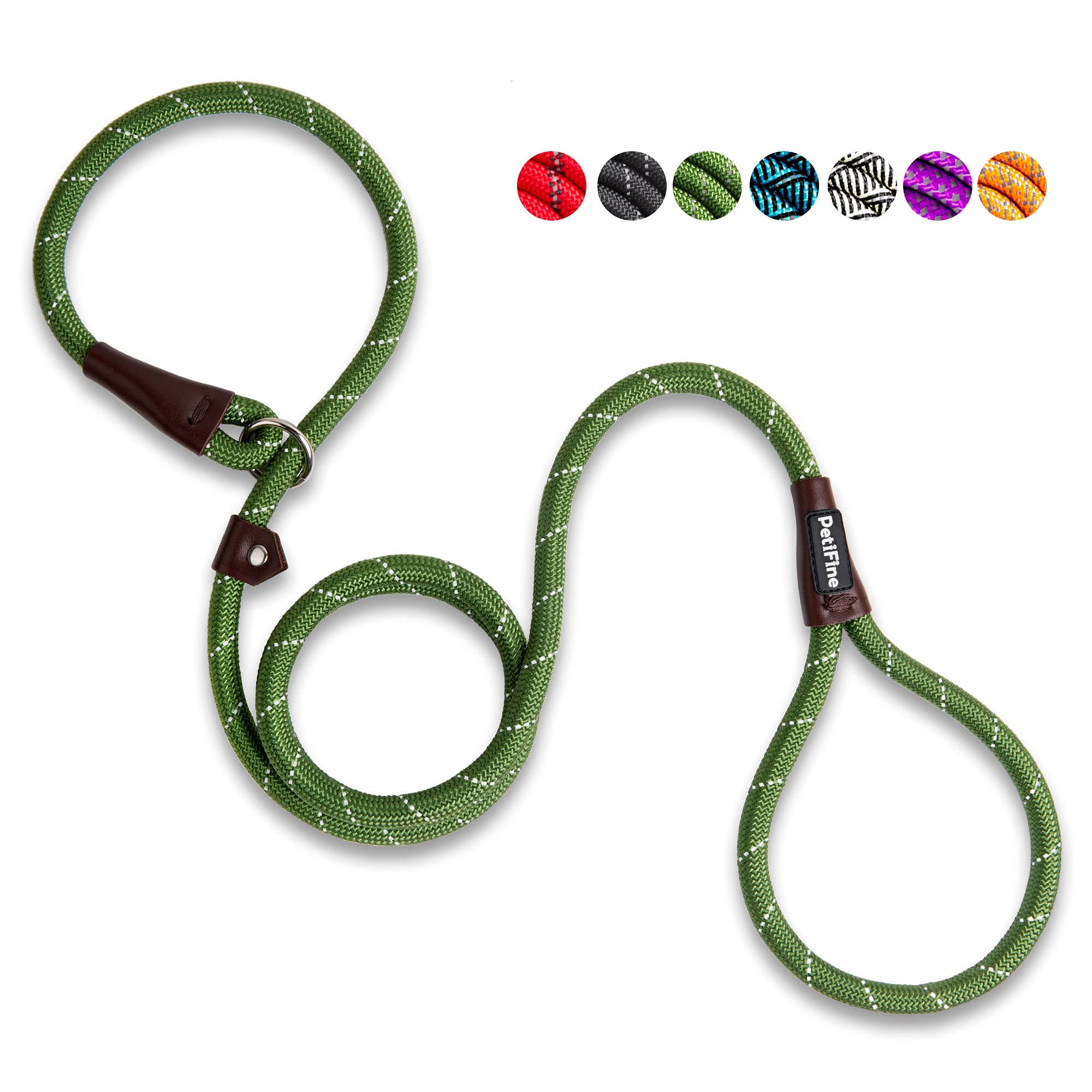 Petifine Slip Lead Dog Leash, Full Reflective Slip Knot Dog Training Leashes, Heavy Duty Adjustable Pet Nylon Slip Loop Leash For Small Medium Large Dogs(Green)