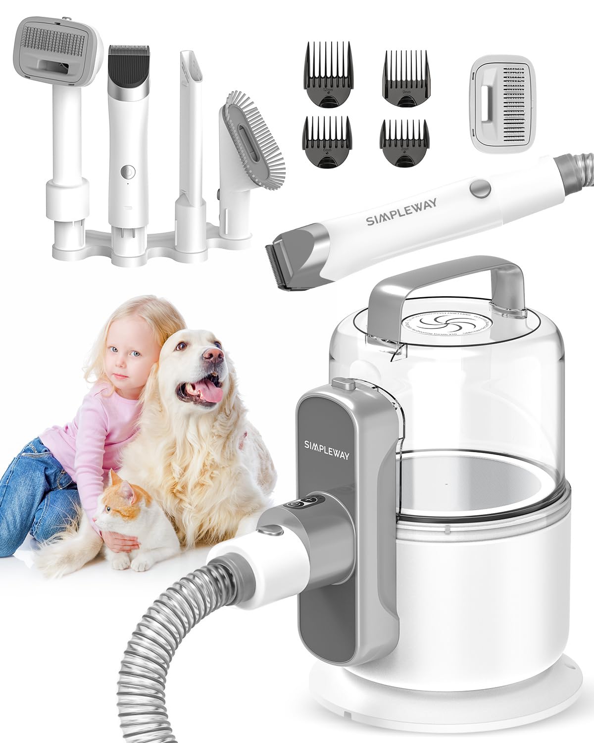 Dog Vacuum Grooming Kit For Shedding: Professional Hair Clippers Pet Groomer - Strong Suction Cleaner Deshedding Tool Fur Brush 