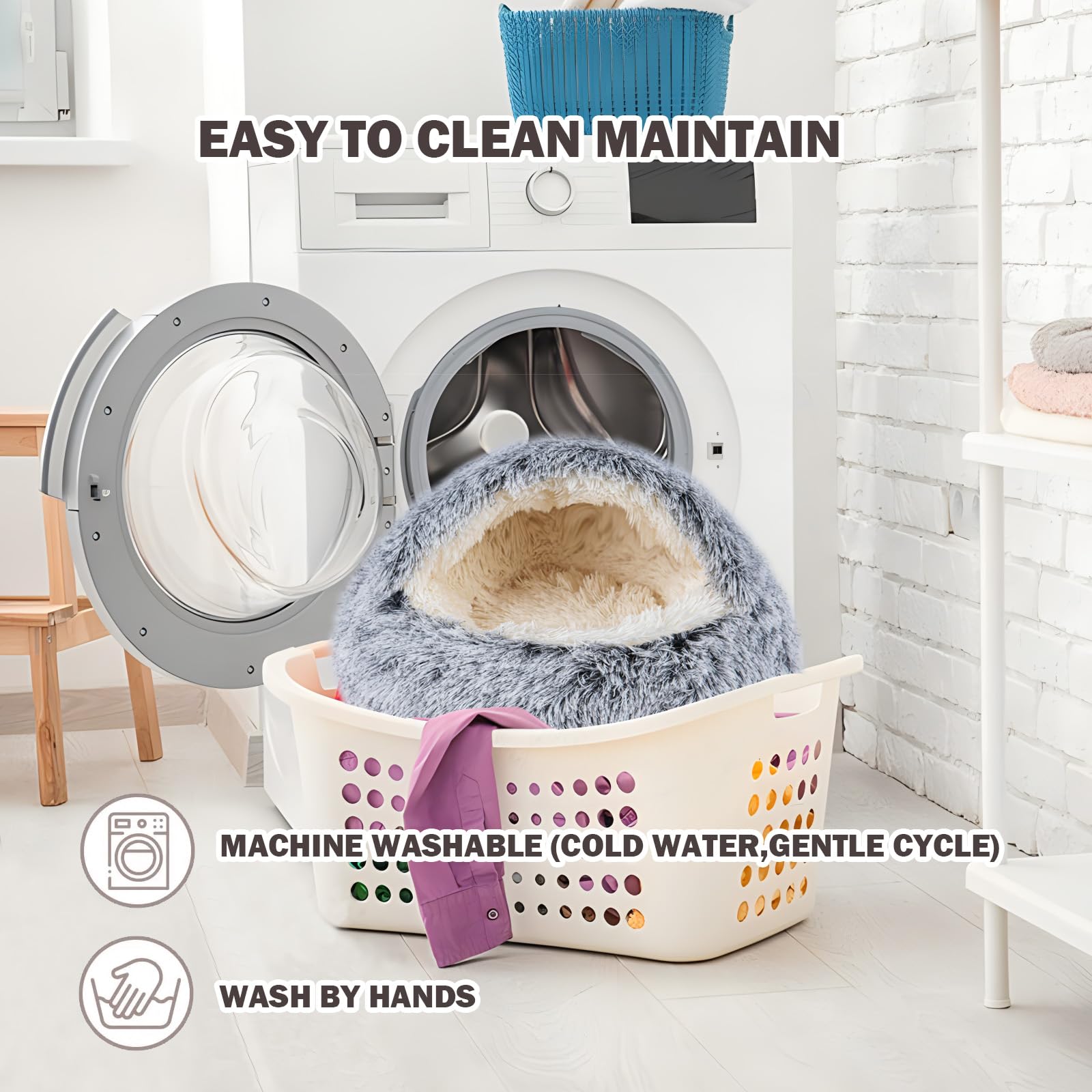 Beleewilwon Cat Bed For Indoor Cats, Calming Cozy Cave With Self-Warming Plush, Entire Bed Machine Washable & Anti-Slip Base, Br