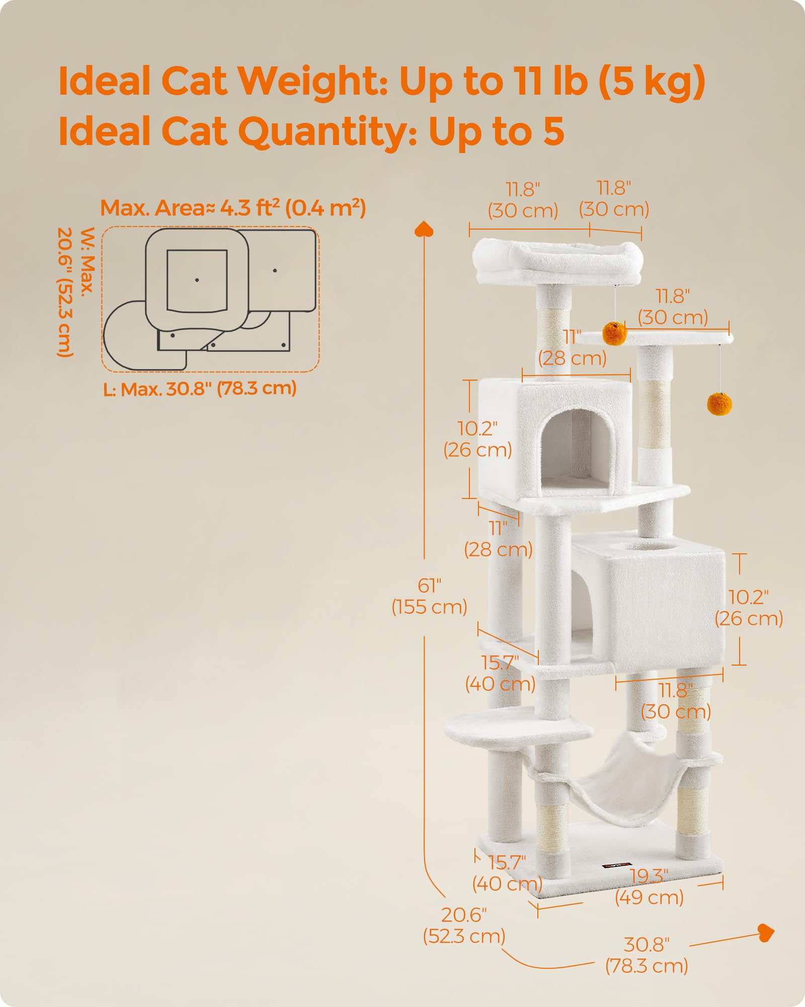 Feandrea Cat Tree, 61-Inch Cat Tower For Indoor Cats, Plush Multi-Level Cat Condo With 5 Scratching Posts, 2 Perches, 2 Caves, Hammock, 2 Pompoms, Cream White Upct192T01