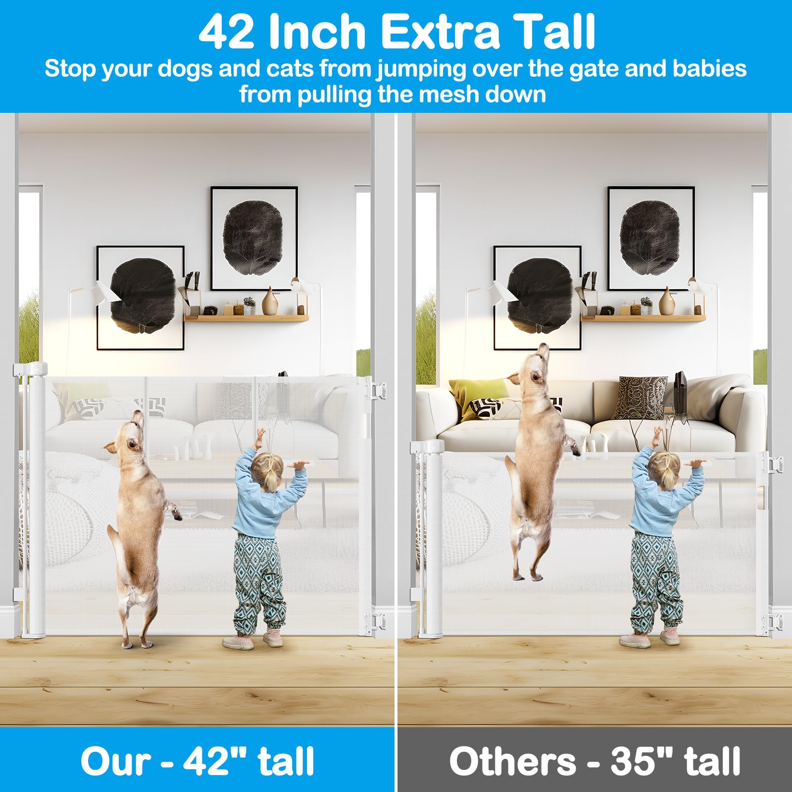 HEELALBABY 42" Extra Tall Retractable Baby Gate, 55" Wide, White, Anti-Scratch PVC Mesh, Model BAQXL64
