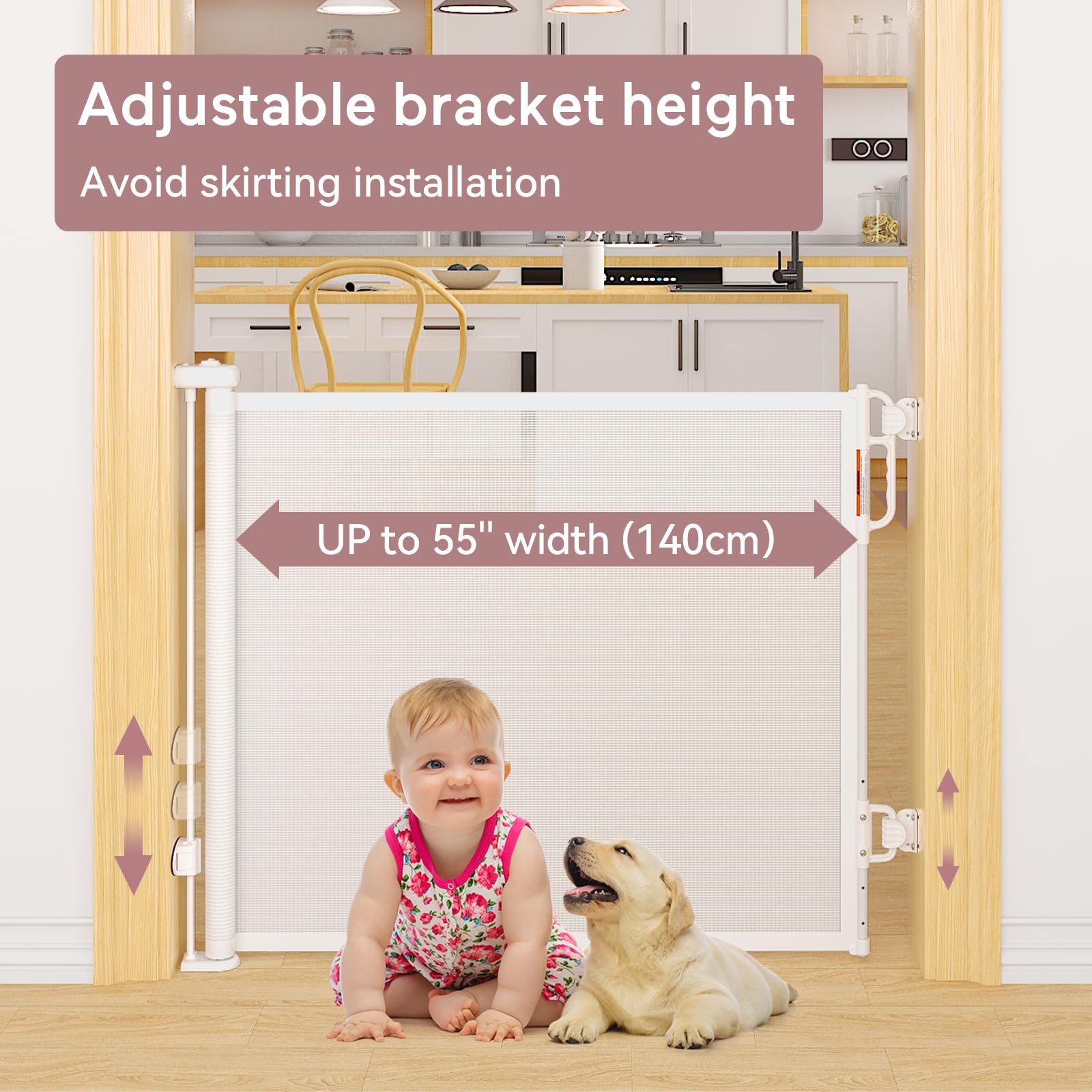 Momcozy Retractable Baby Gate - 33" Tall, 55" Wide Mesh Safety Gate for Indoor/Outdoor Use, White, Model USVC-AM07-W