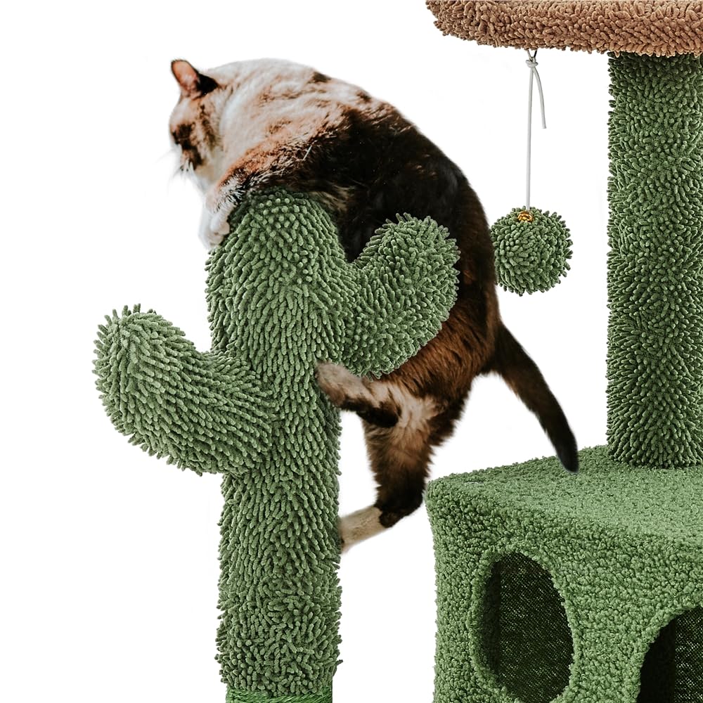 Yaheetech Cactus Cat Tree, 54.5In Tower W/Ramp, Animal-Ear Shaped Perch, Scratching Posts, Platform & Hanging Ball, Multi-Level