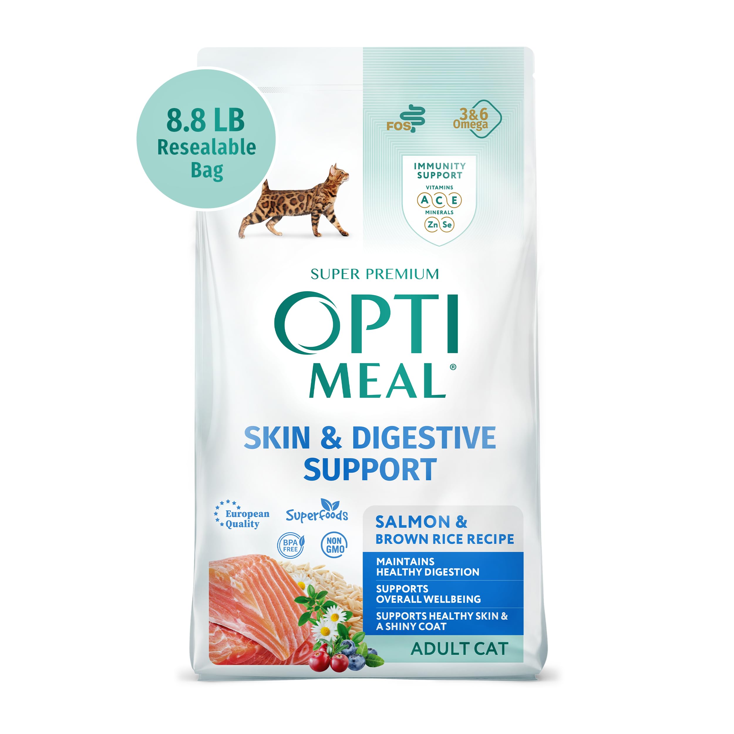 OPtimeal Skin & Sensitive Stomach Cat Food - Proudly Ukrainian - Healthy Cat Food Dry Recipe for Skin & Digestive Support, Tasty