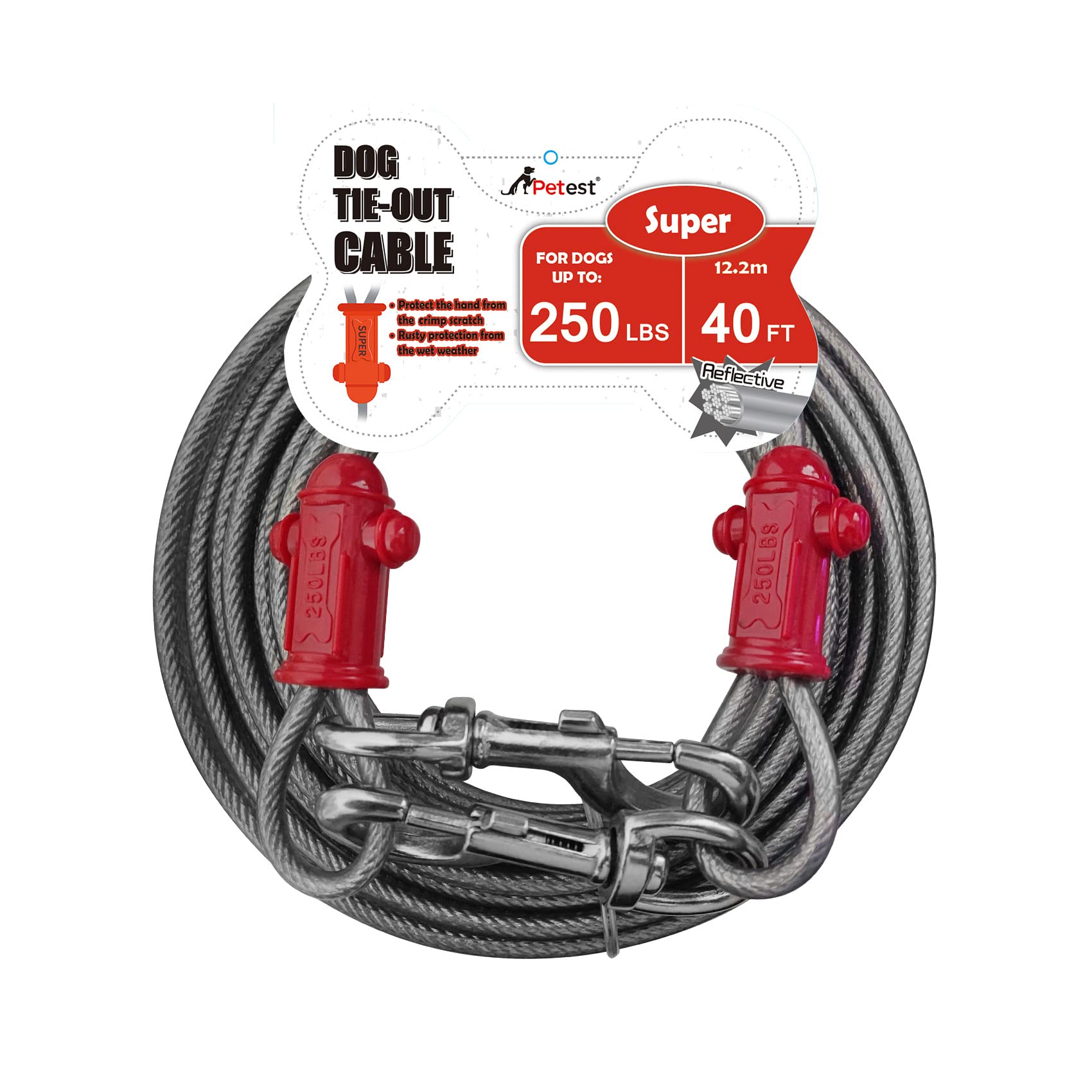 Petest Reflective Tie Out Cable With Crimp Cover For Super Dogs Up To 250 Pounds, 40 Feet