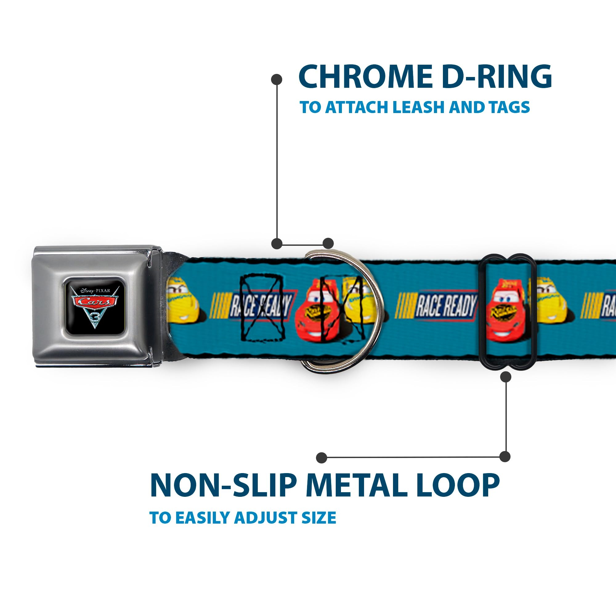 Buckle-Down Dc-Wdy417-Ws Seatbelt Dog Collar, Wide Small, Cars 3 Lightning Mcqueen/Cruz Ramirez Pose Race Ready Blue/Yellow/Red