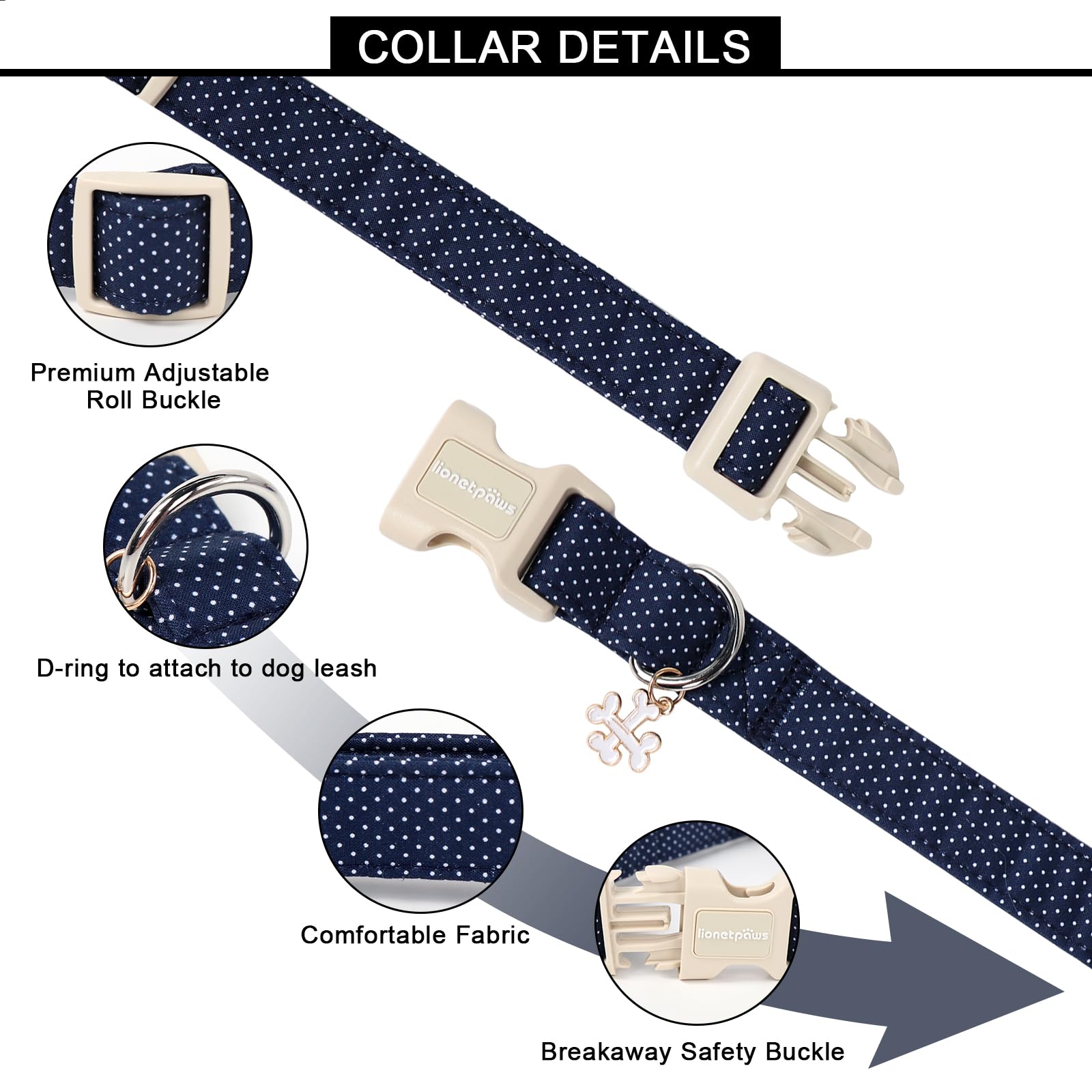Lionet Paws Boy Dog Collar- Cute Navy Blue Dog Collars With Plastic Buckle, Light Adjustable Dog Collars For Small Dogs