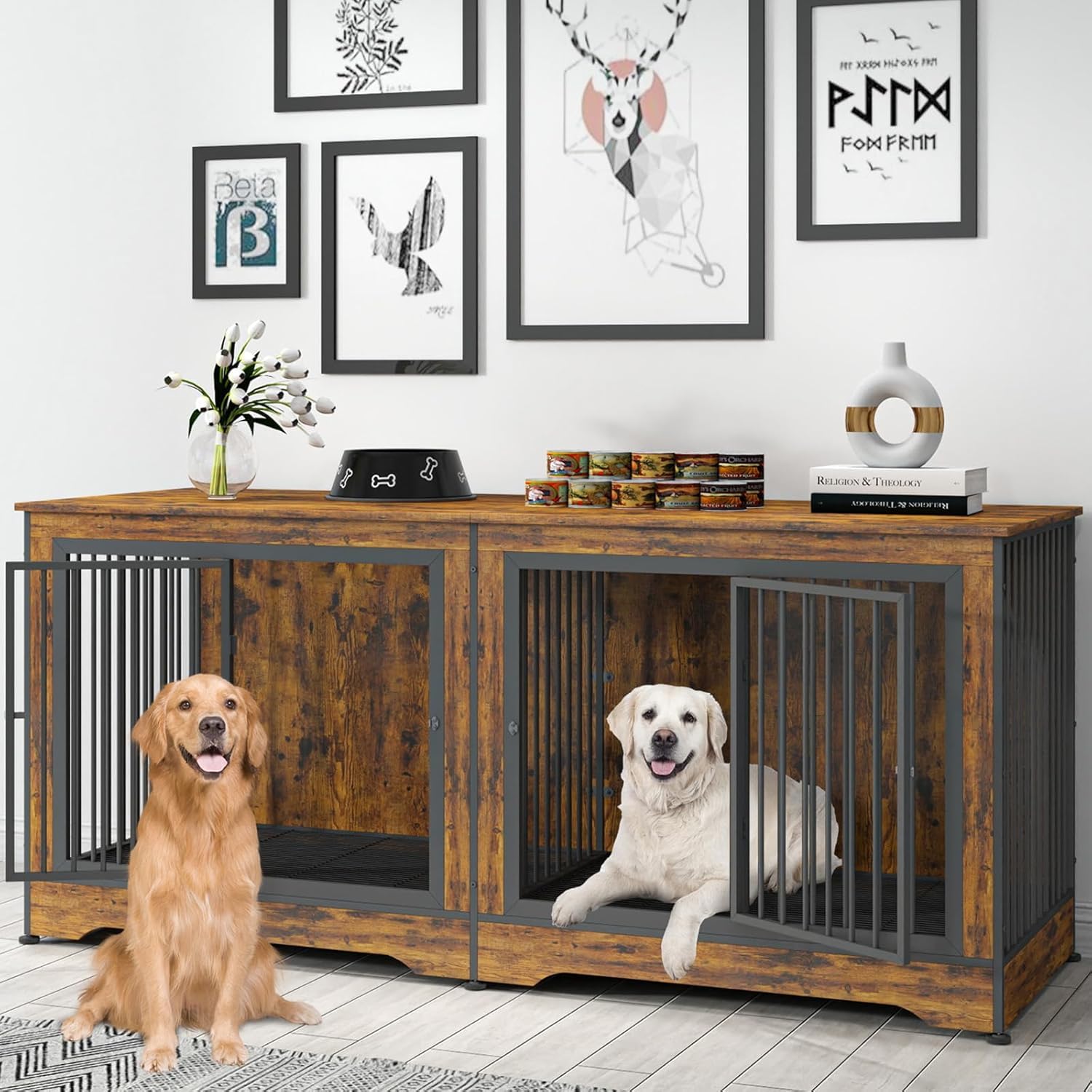 Yafylly 75 Inch Double Dog Crate Furniture, 3 in 1 Dog Cage for Large Dogs, Durable Brown TV Stand Dog Crate with Trays and Divi