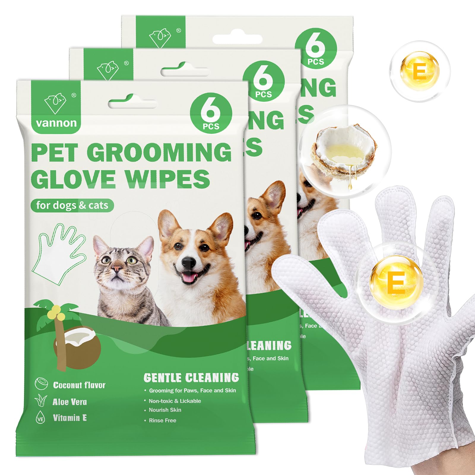 Vannon Extra Thick Pet Bathing Wipes For Dogs & Cats, Cleaning & Odor-Controlling Grooming Gloves, Nourish Fur Glove Wipes For D