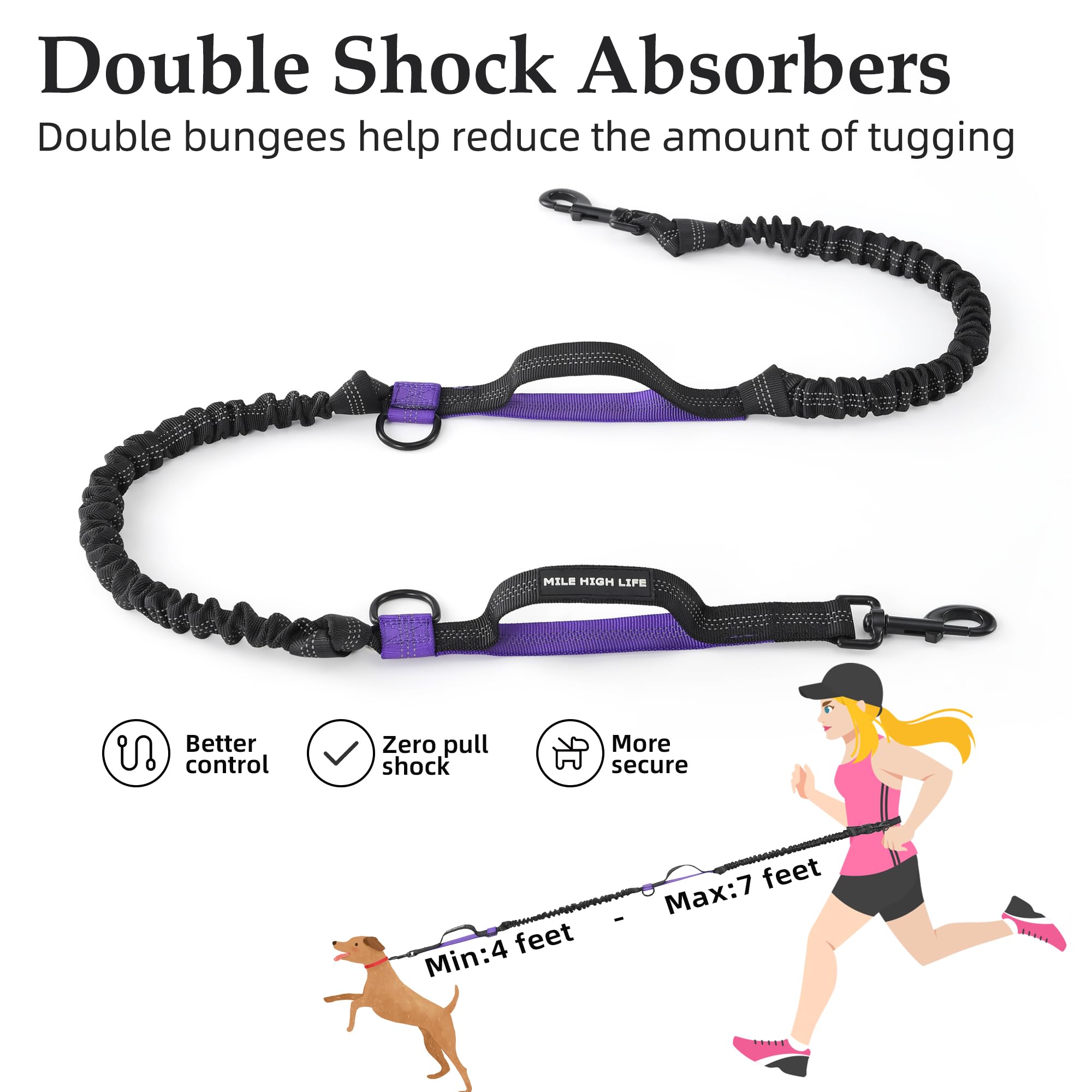 Mile High Life | Retractable Hands Free Dog 7Ft Leash | Waist Running Adjustable | Reflective Dual Black Bungees | Dual Handles | Small Medium Large Dogs | (Purple)