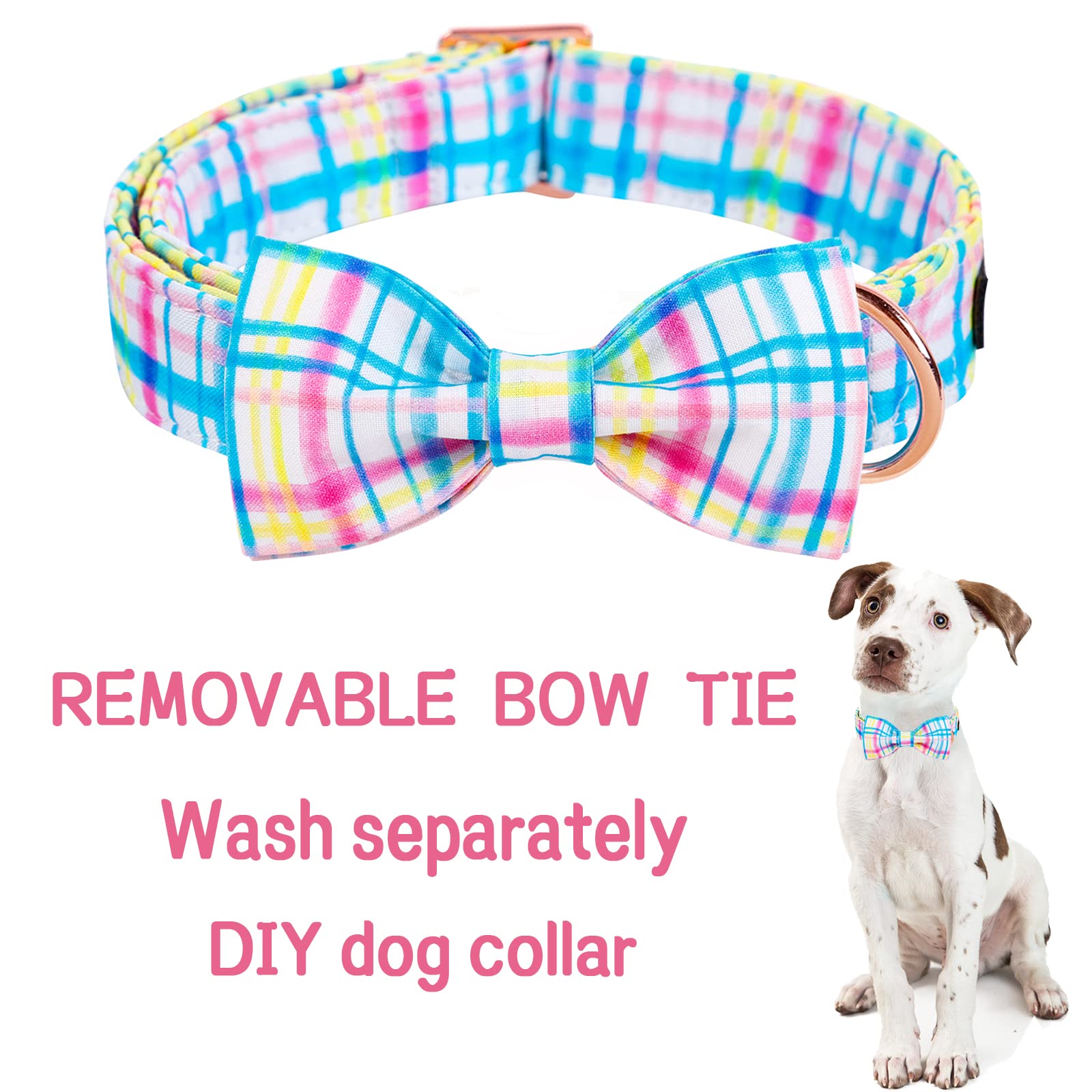 Unique Style Paws Easter Day Dog Collar With Bow Tie Pink Grid Puppy Collar For Small Medium Large Boys Girls-M