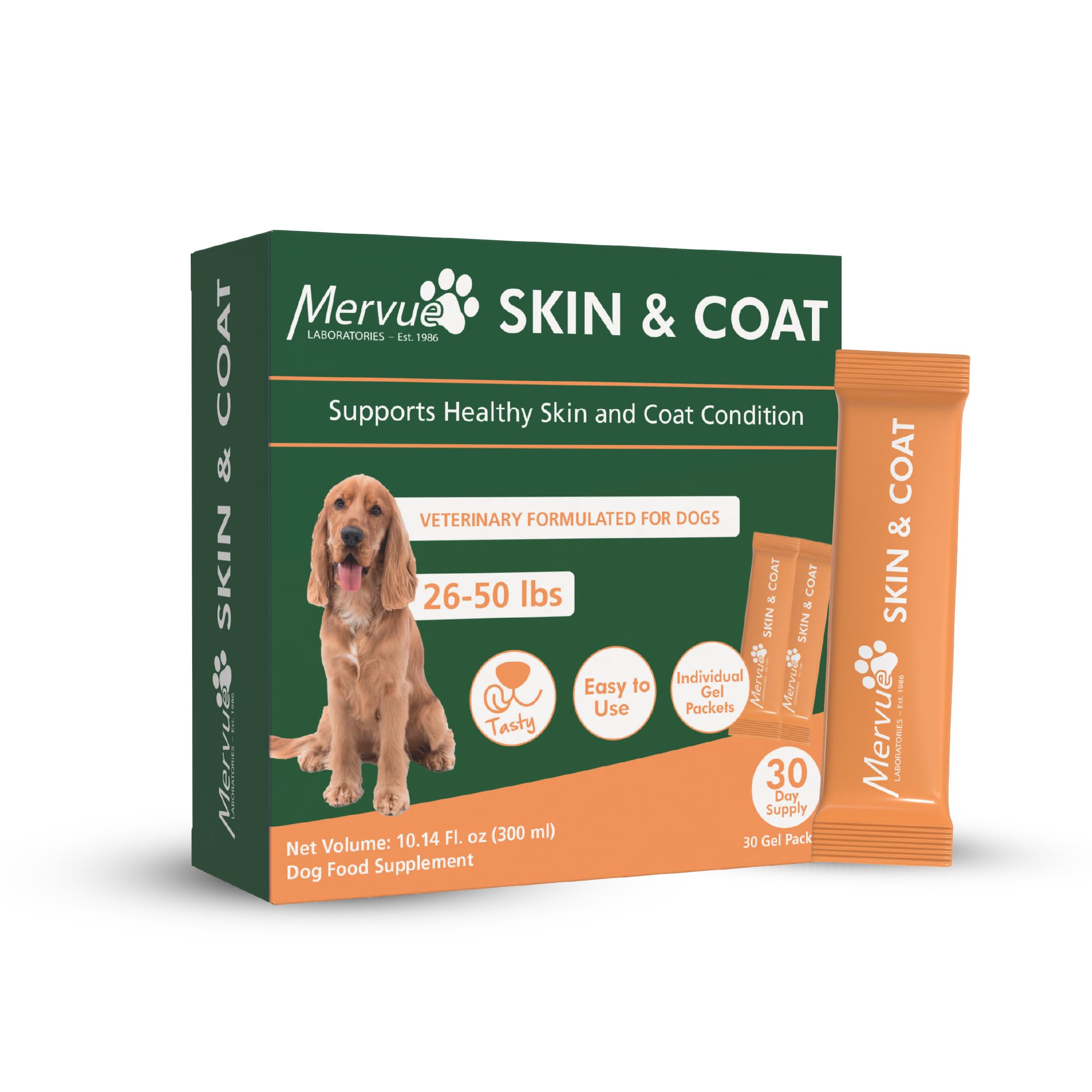 Mervue Skin and Coat Supplement for Dogs - Medium Dog Omega 3 Supplement in Gel w/Zinc & Biotin to Support Gut Health - Tasty Da