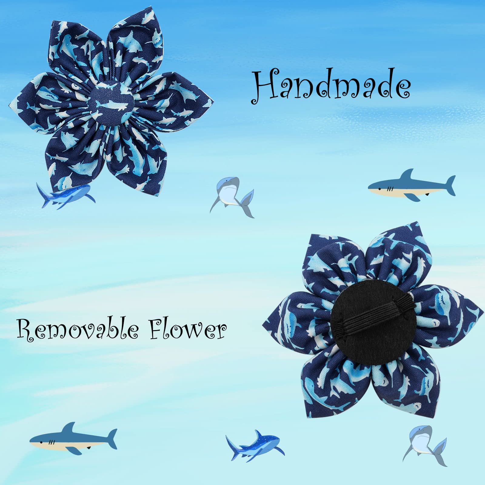 Elegant little tail Dog Collar with Flower - Shark Print Dog Collar Durable Cute Flower Collar Adjustable Dog Collar for Large D