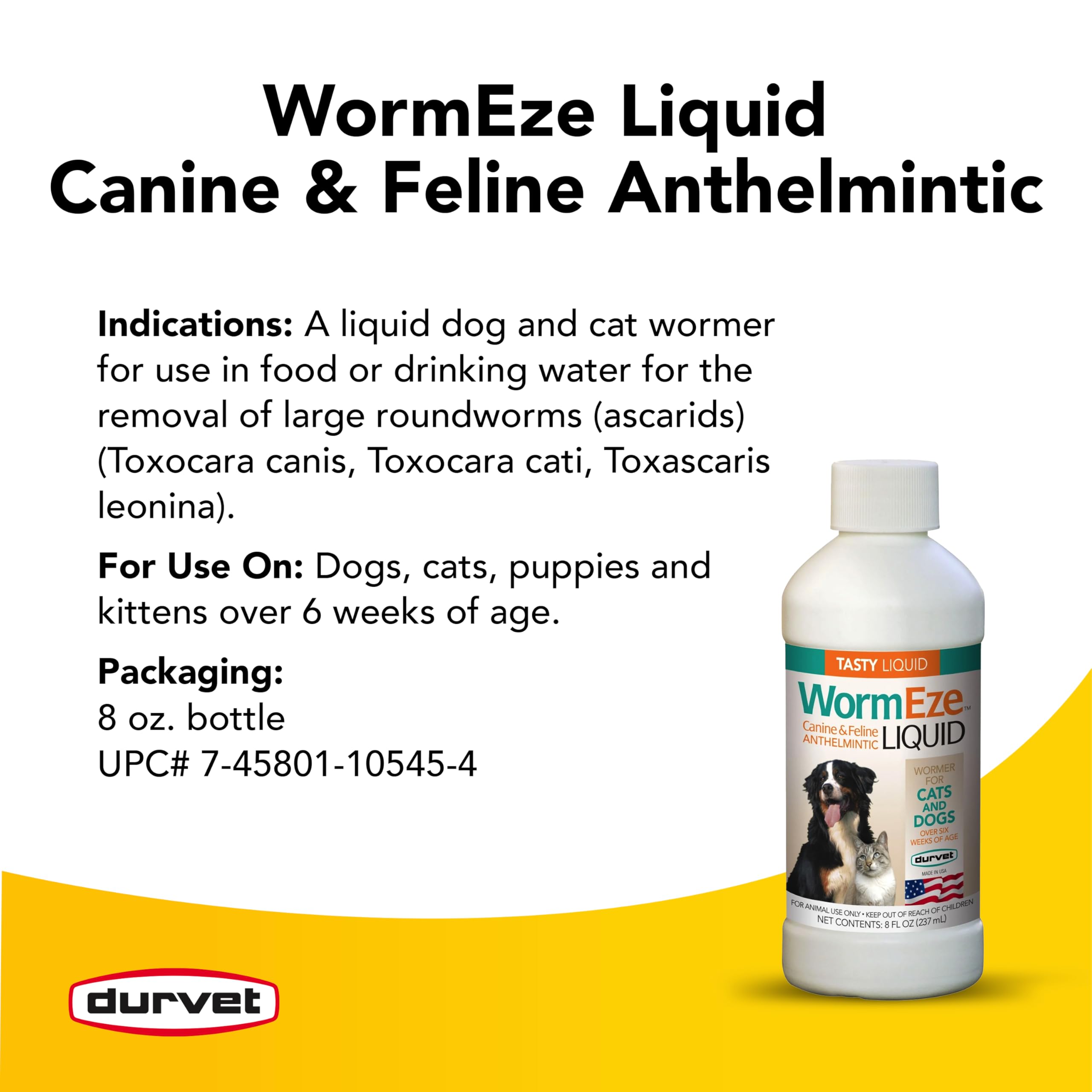 Durvet WormEze Liquid Antihelmintic for Canines & Felines, 8 oz, White, Model 001-0545
