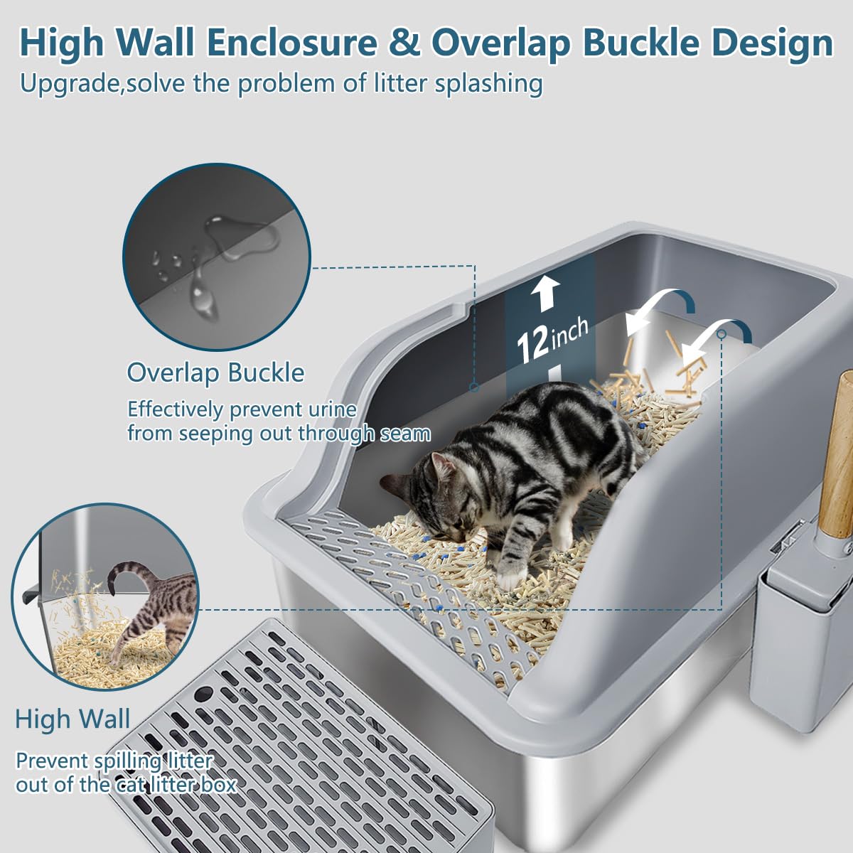 Lmebe Large Stainless Steel Cat Litter Box,Kitty Litter Box With Lid,Xl Jumbo Enclosed High Sided Cat Litter Pan Boxes For Indoo