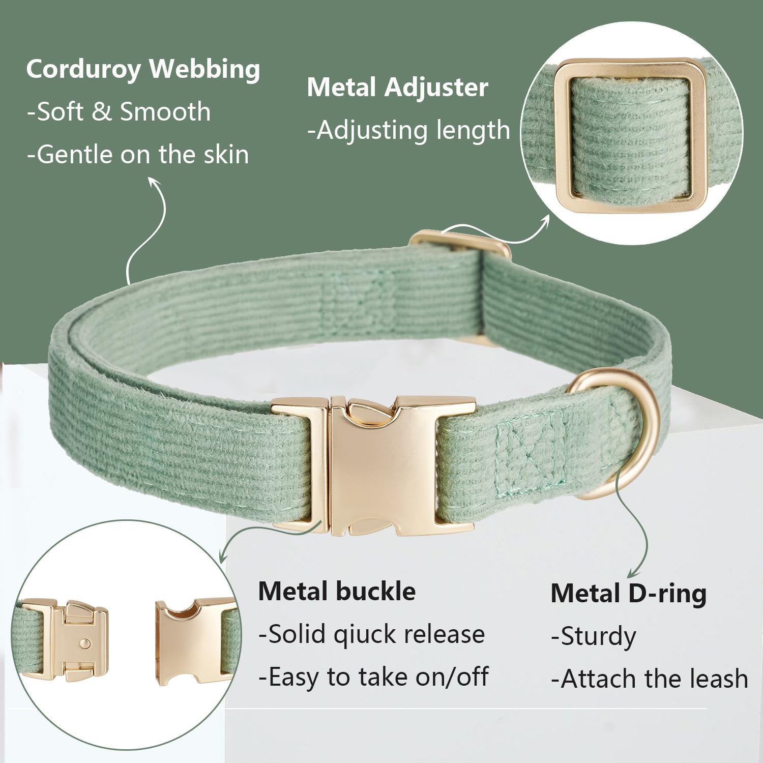 Ewinoom Soft Corduroy Dog Collar and Leash Set, Adjustable Cotton Dog Collars with Metal Buckle and Lead for Small Dogs,Grass Gr