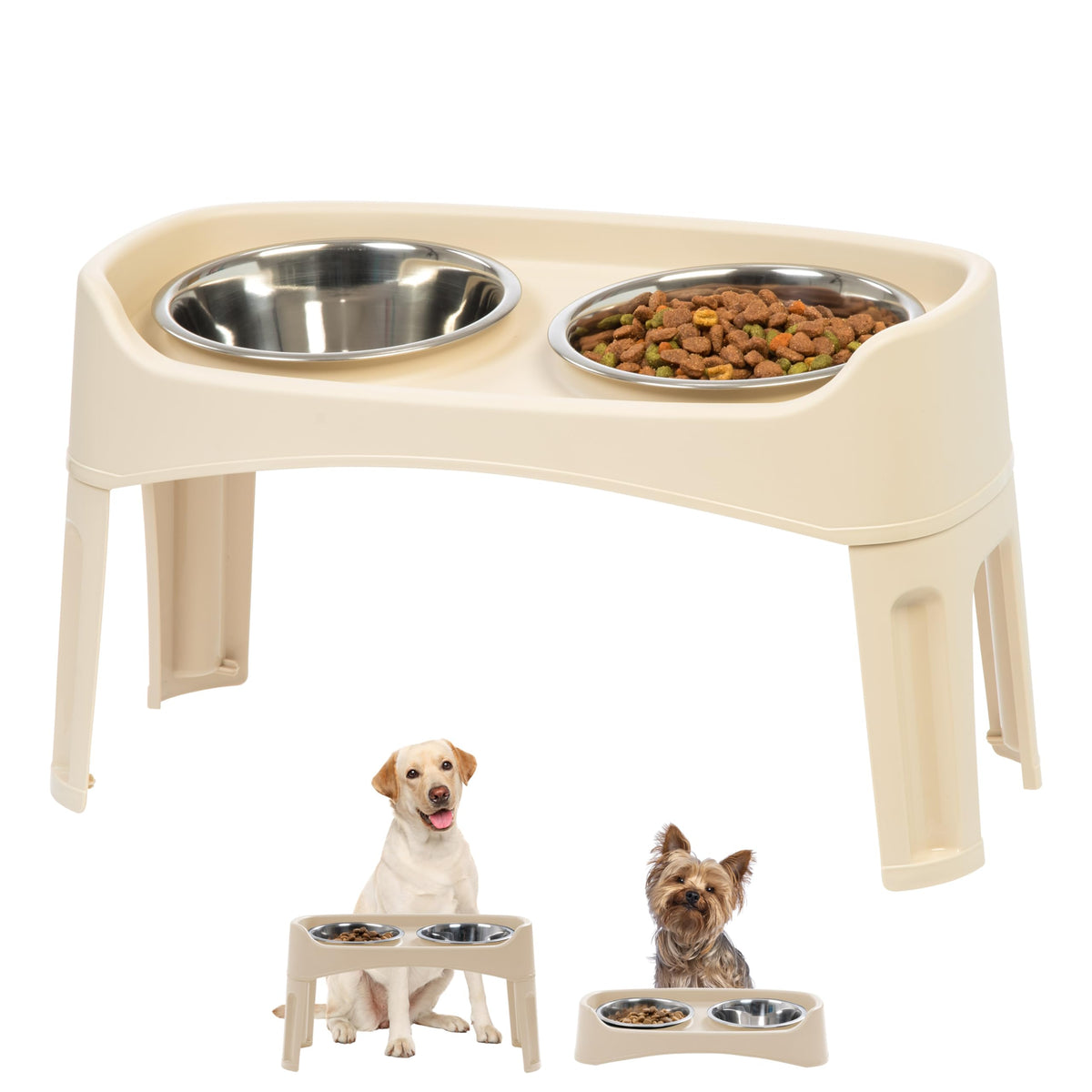 Iris Usa Elevated Dog Bowls, Adjustable Height, 2 Thick 64 Oz Stainless Steel Bowls, Spill-Proof With Raised Outer Rim, Durable Made In Usa Plastic, Easy Assemble, 2 Heights 4.63' Or 12.25' Almond