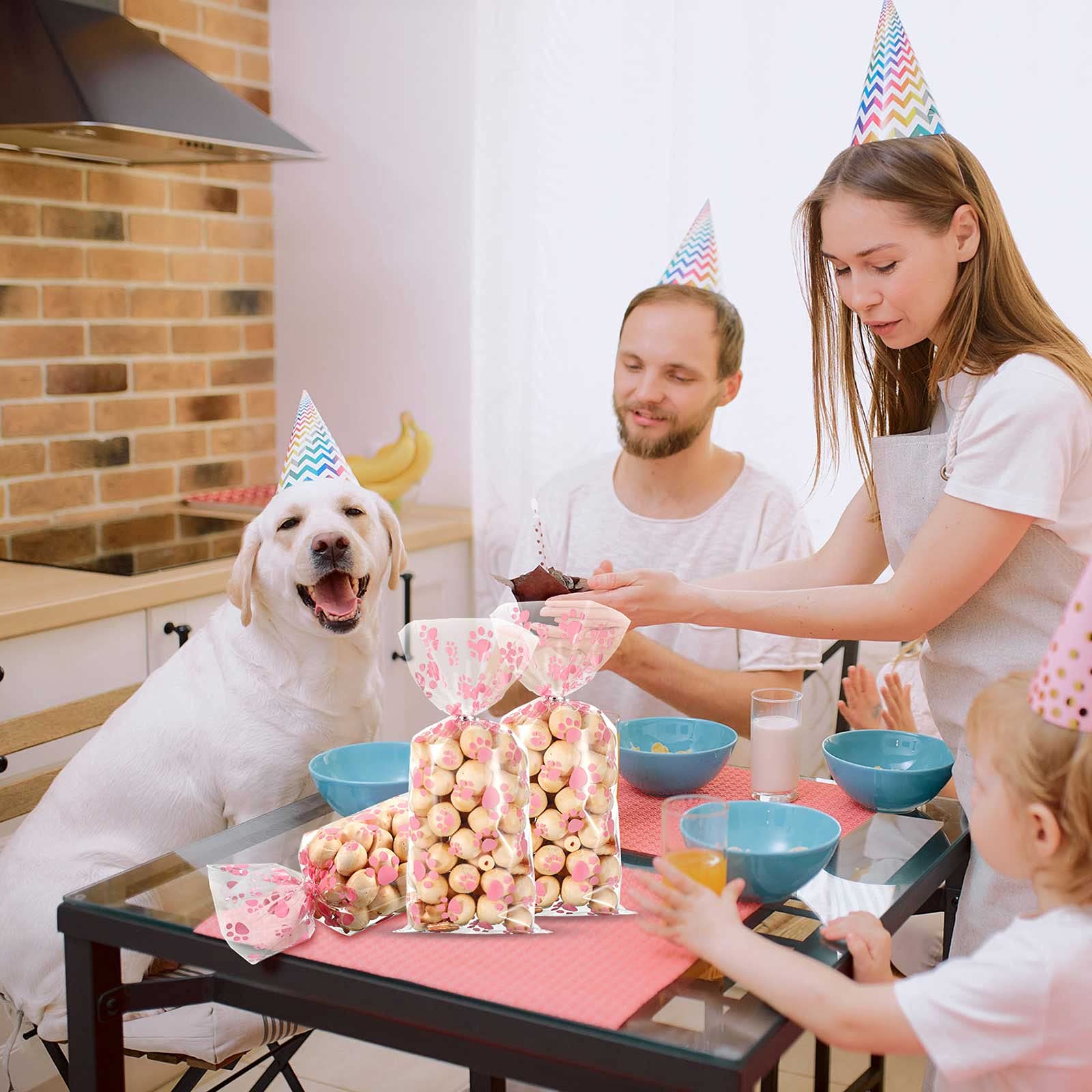 Blulu 100 Pieces Pet Paw Cone Cellophane Bags Heat Sealable Candy Dog Paw Gift Cat Treat Bags With 100 Pieces Silver Twist Ties