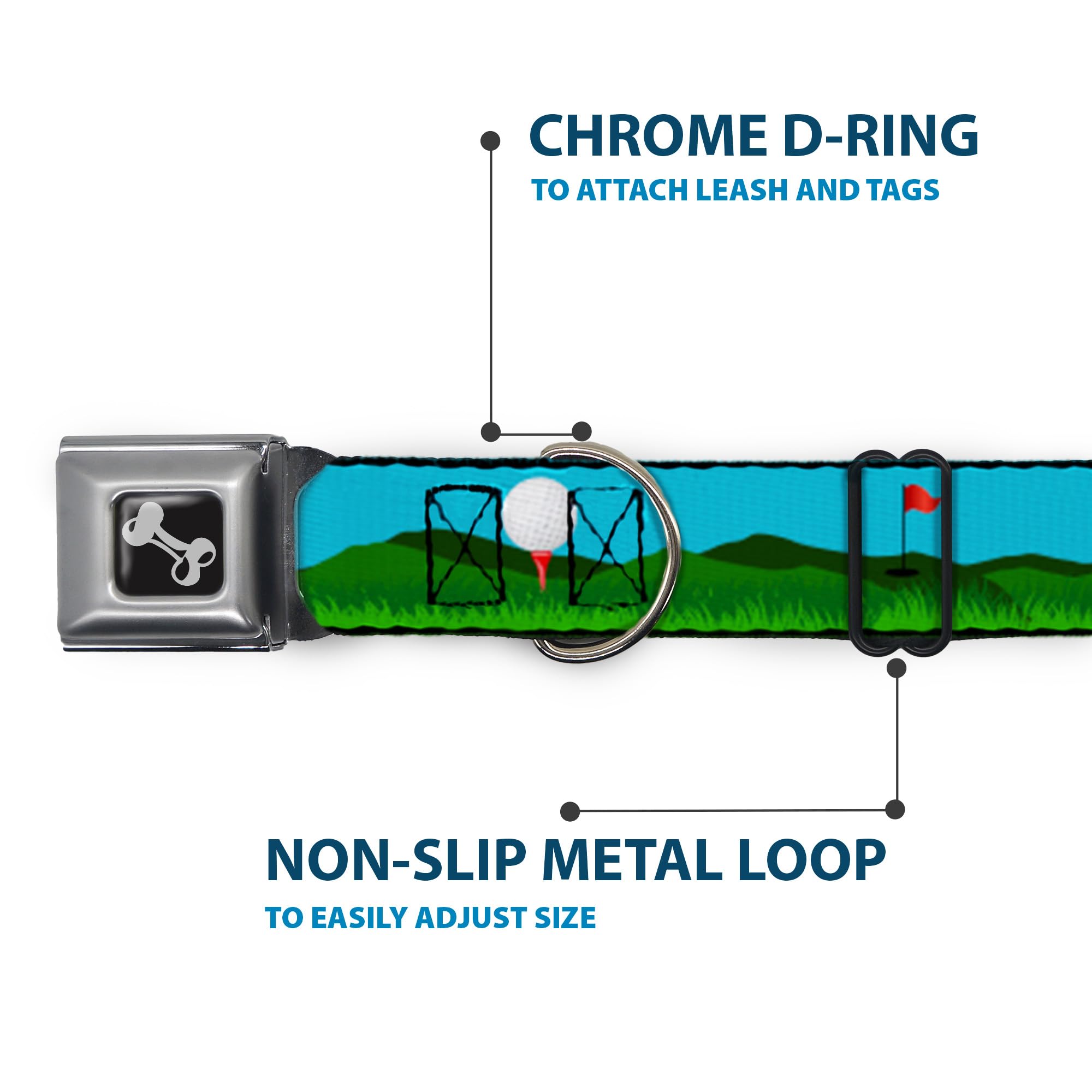 Dog Collar Seatbelt Buckle Golf Course Balls Holes Blues Greens 9 To 15 Inches 1.0 Inch Wide, Dc-W33300-S