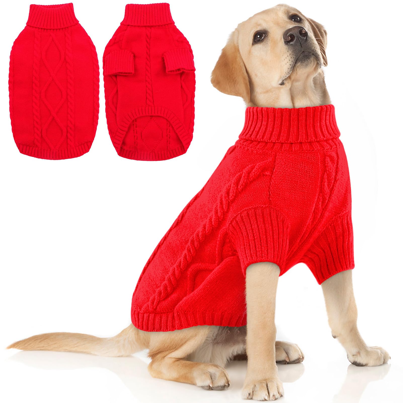 Queenmore Xxl Large Dog Winter Clothes - Warm Turtleneck Knitted Sweaters For Pitbull Doberman Dogs, Males & Females, Red, 2Xl