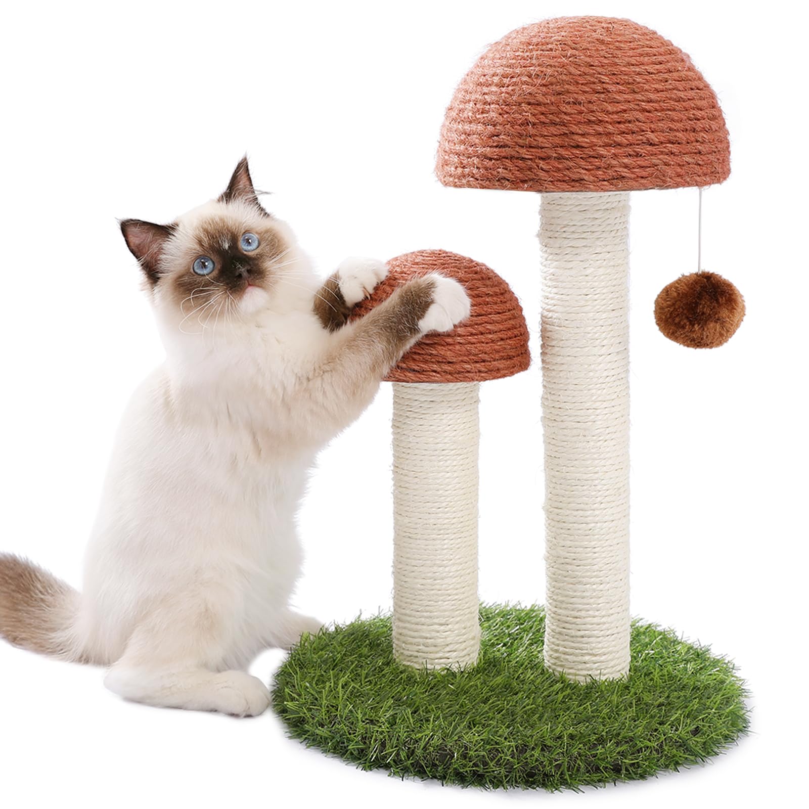 Petepela Cat Scratching Post, Mushroom Tall Cat Scratcher Featuring With Natural Sisal Scratching Poles And Interactive Toy Ball