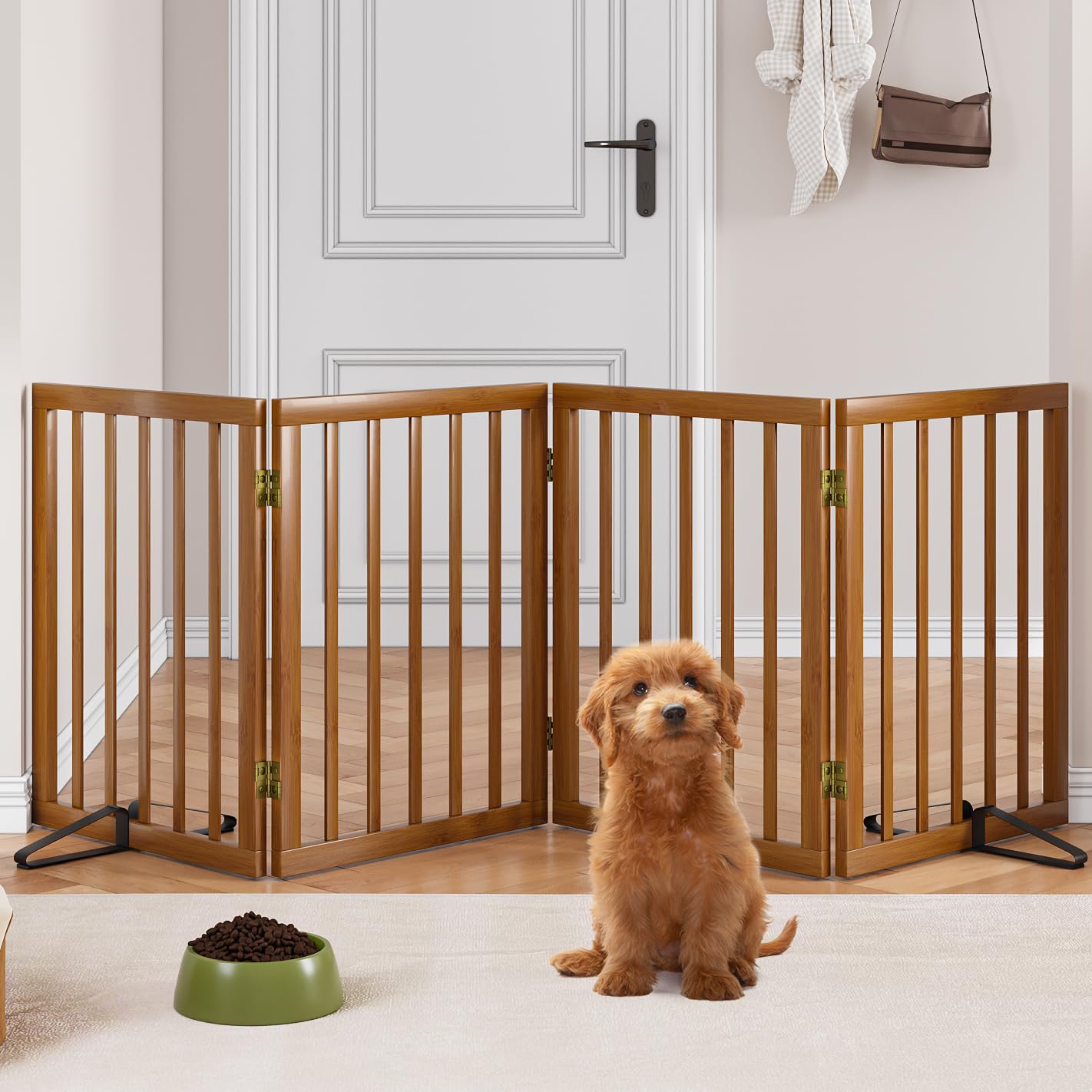 Mino Kesper Freestanding Pet Gate Foldable 4 Panel Dog Gate Walnut Dog Gates for Stair Doorways House Indoor (2 Support Feet Inc