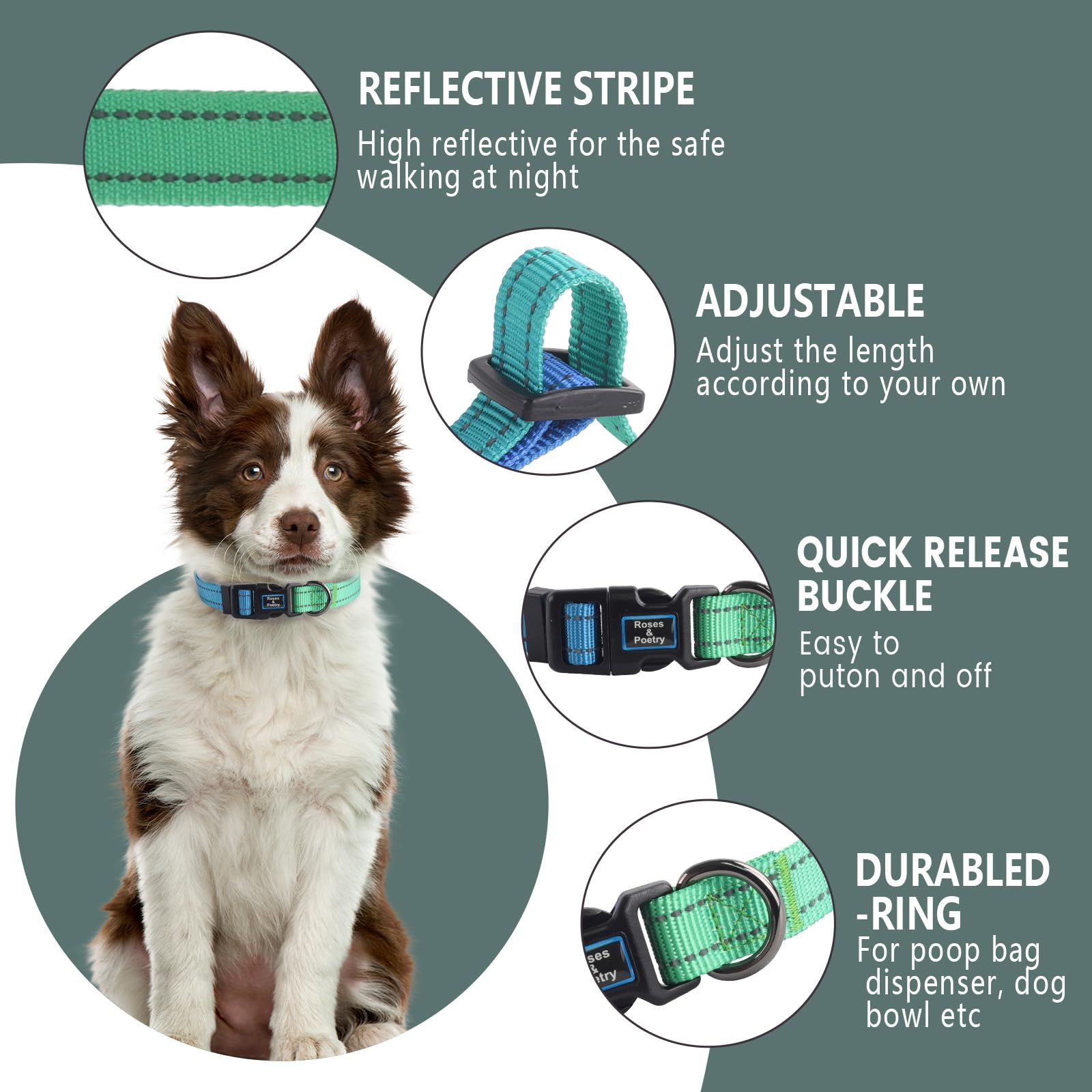 Roses&Poetry Bluegreen Medium Dog Collar And Leash Set, Puppy Reflective Leashes With Collars, Adjustable Durable Matching Colla