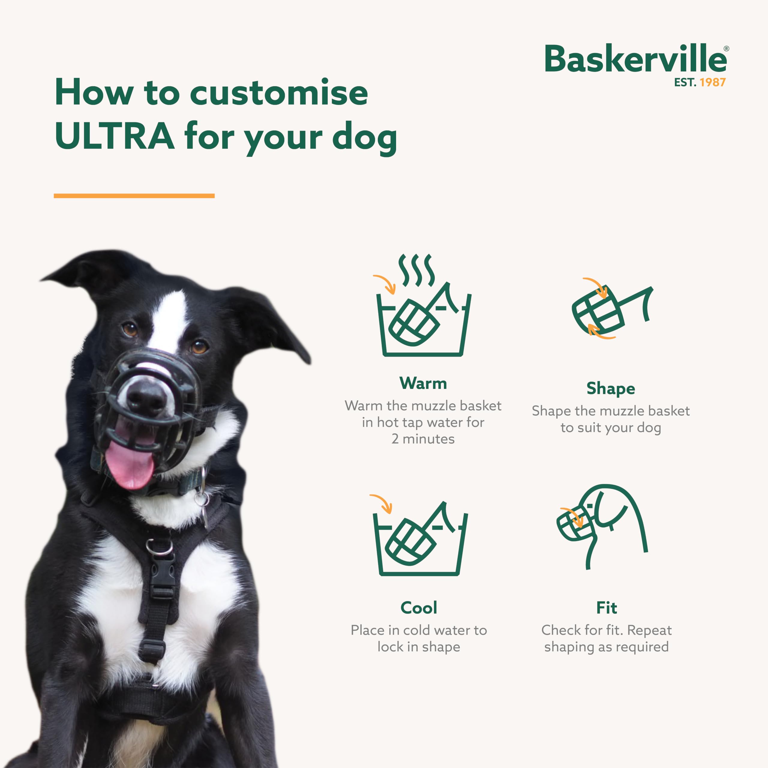 BASKERVILLE ULTRA MUZZLE - Patented Humane Design, Breathable, Dog can Pant and Drink, Adjustable, Padded, Dog Training Muzzle f