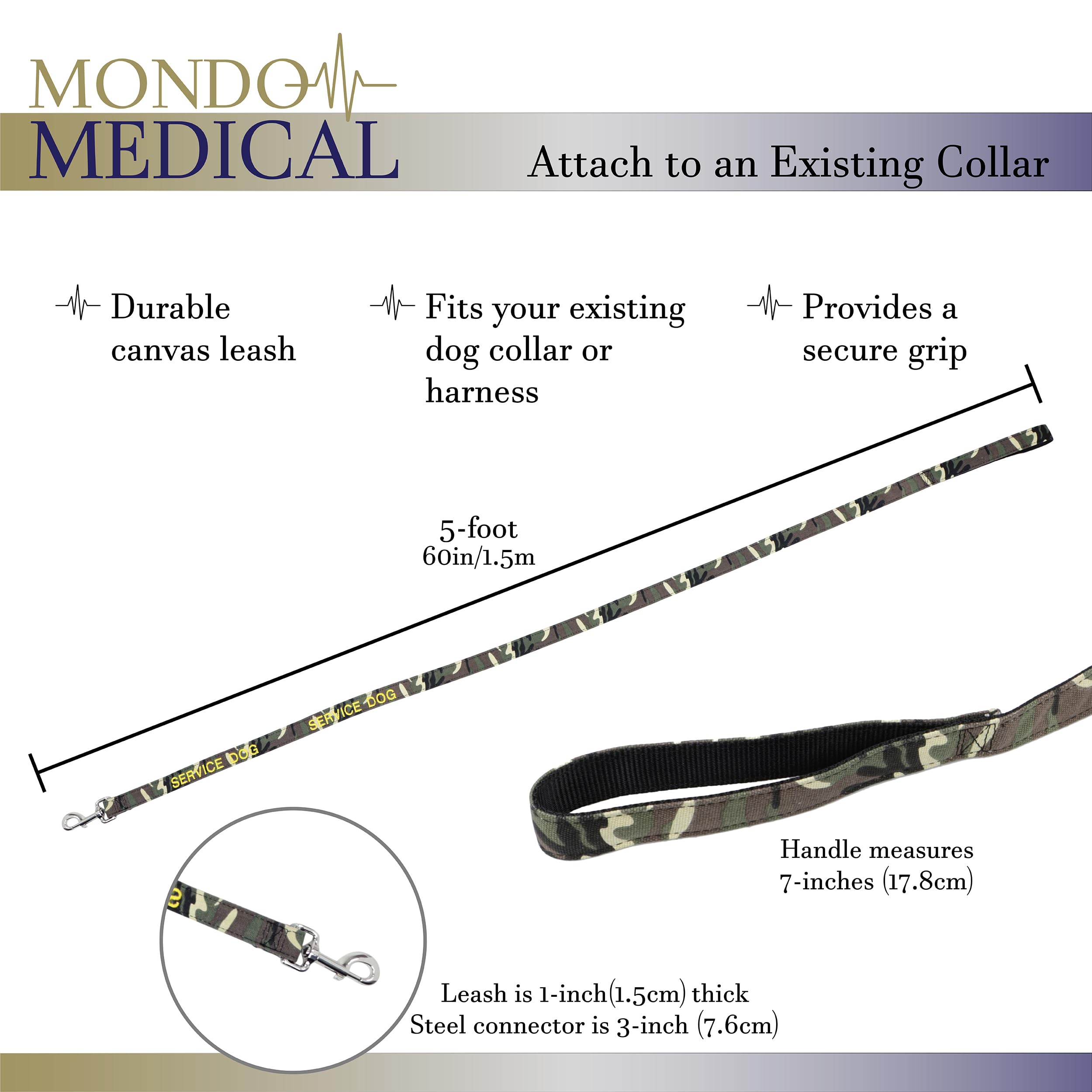 Mondo Medical Service Dog Leash - 5Ft Camo Canvas Service Dog Lead For Emotional Support Animals