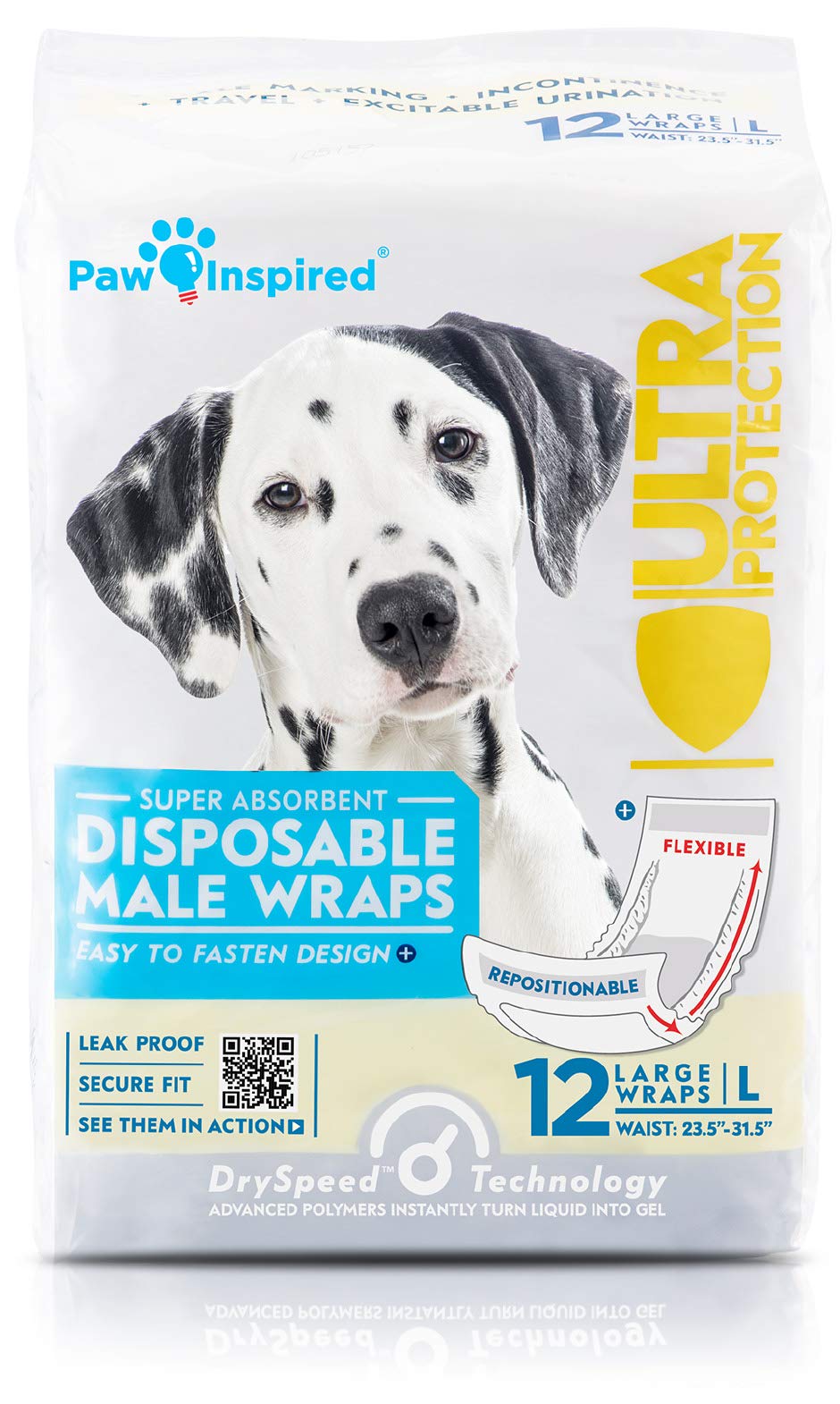 Paw Inspired Disposable Male Dog Wraps, Belly Band for Dogs | Disposable Dog Diapers | Belly Bands for Male Dogs (144 Count, Lar
