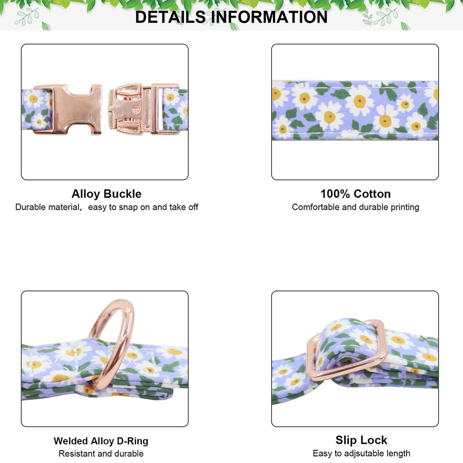 Metal Buckle Dog Collar, Durable Adjustable Dog Collar Soft For Small Medium Large Dogs (002-Purple Flower, M(13-18In)