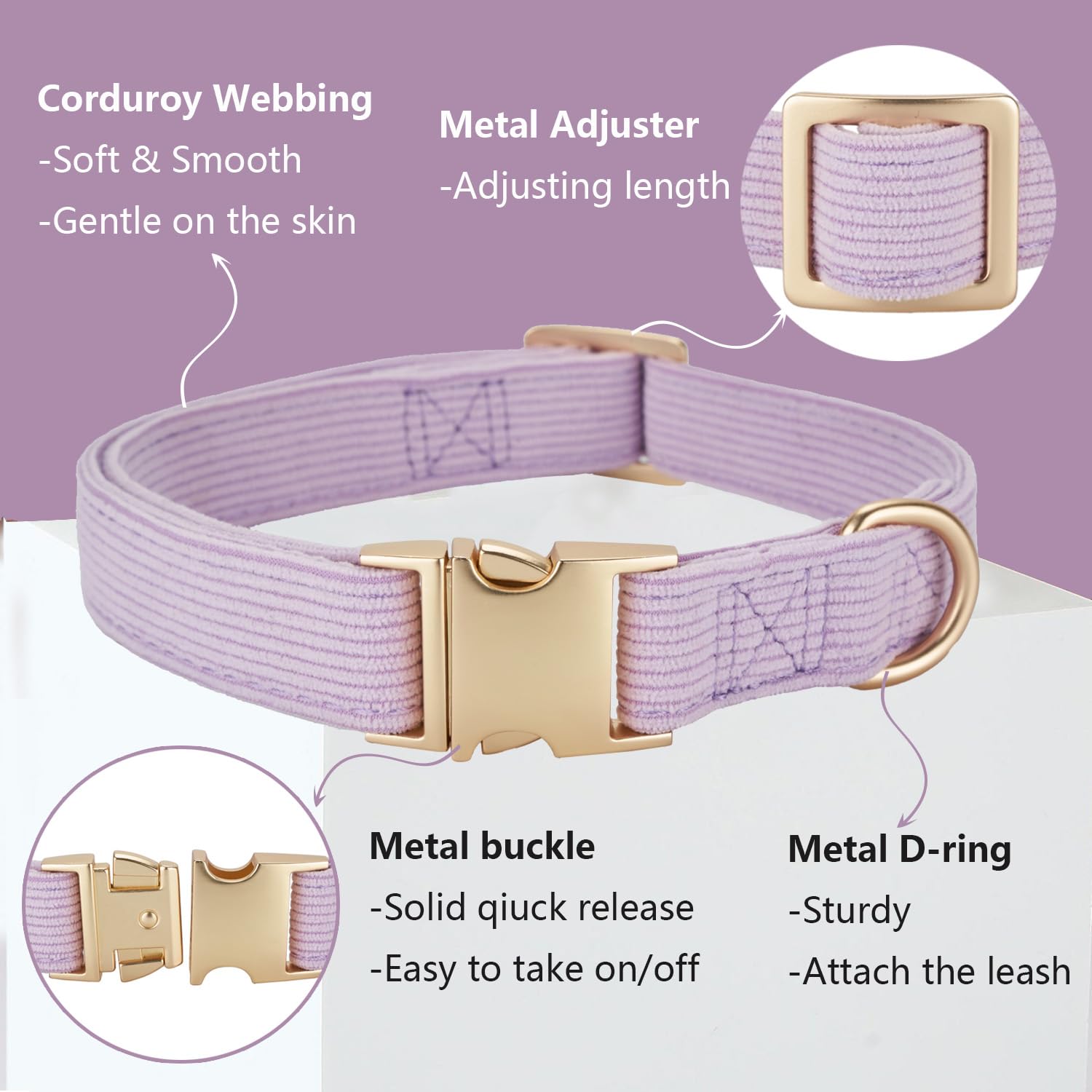 Ewinoom Soft Corduroy Dog Collar and Leash Set, Adjustable Cotton Dog Collars with Metal Buckle and Lead for Small Dogs,Lilac