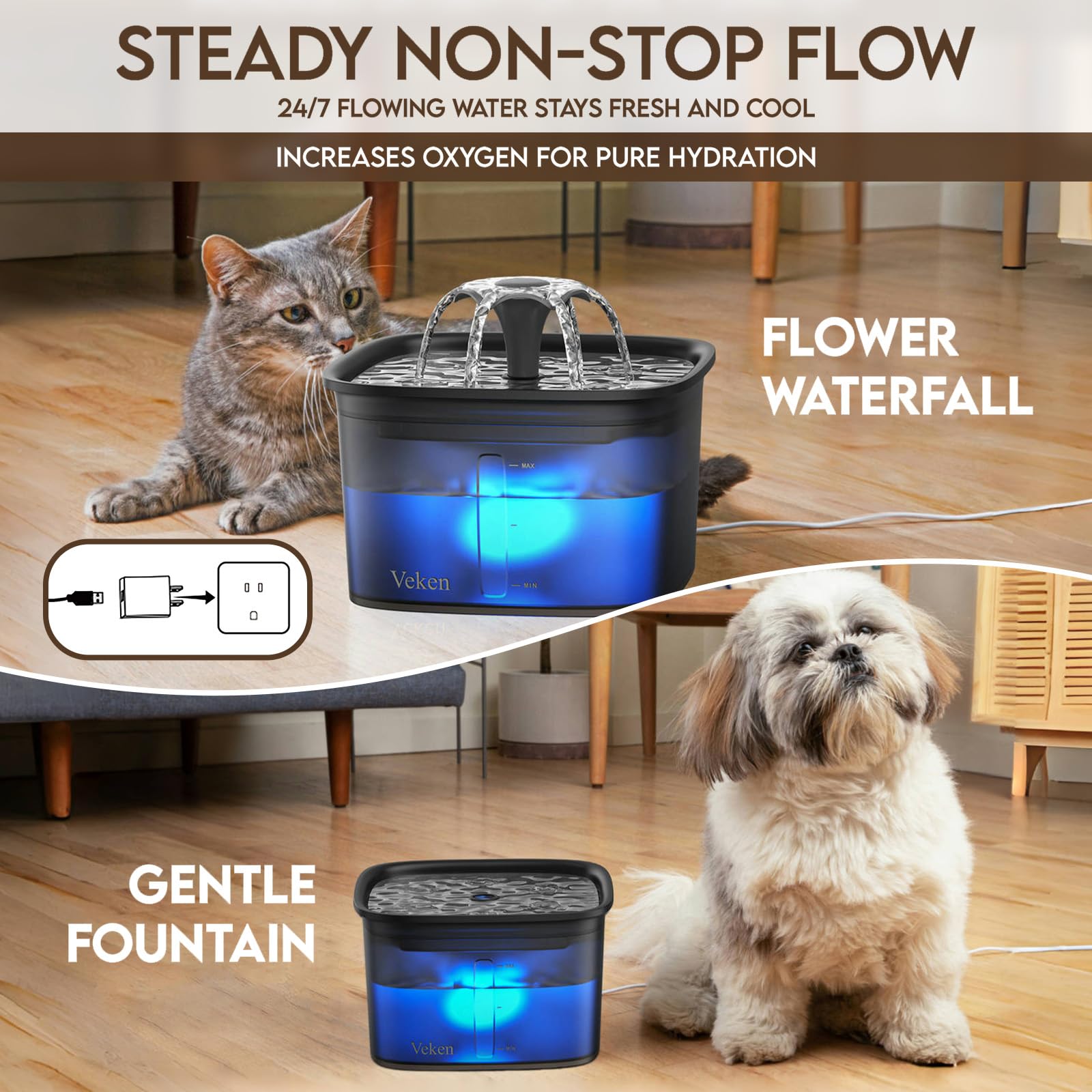 Veken 95Oz/2.8L Pet Fountain, Automatic Cat Water Fountain Dog Water Dispenser With Replacement Filters For Cats, Dogs, Multiple