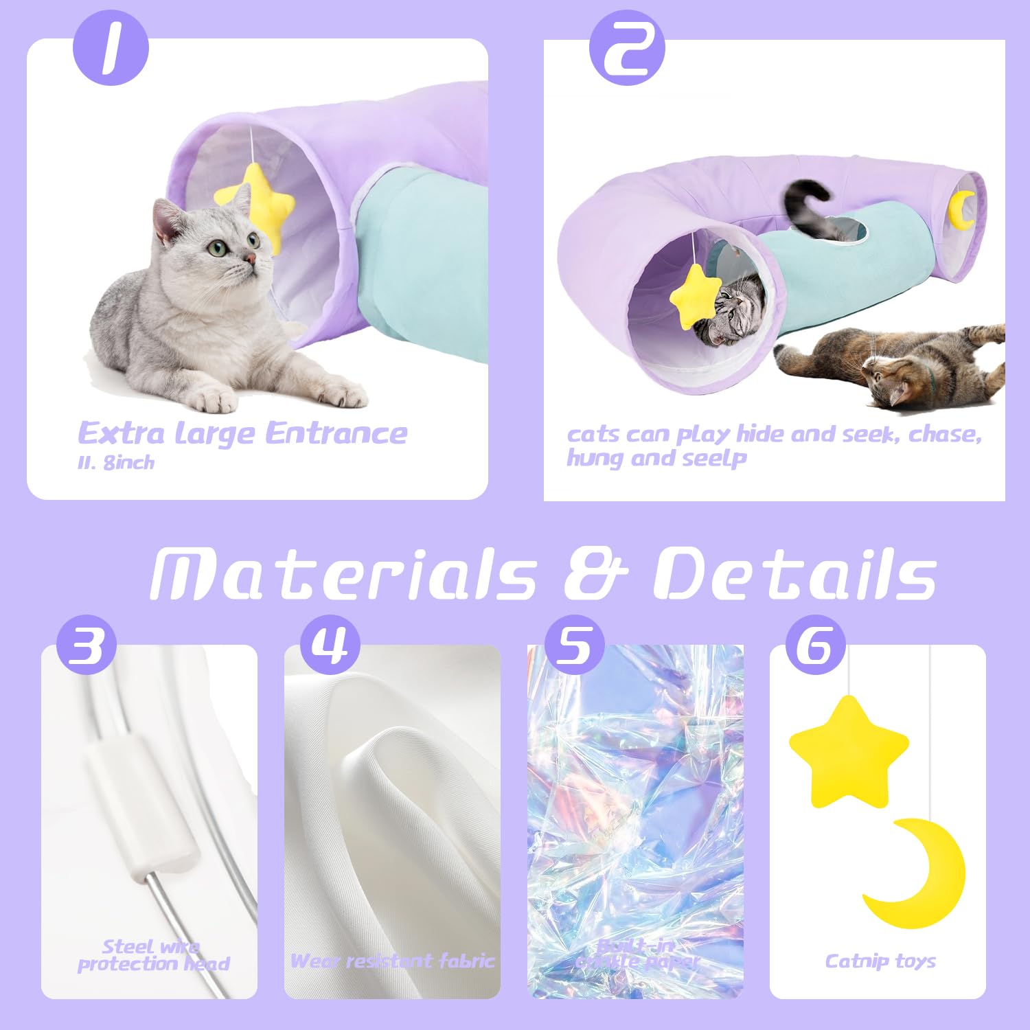 Paopo Cat Tunnel,Cat Tunnels For Indoor Cats Collapsible Large Cat Tunnel Cute Cat Tunnel Toy For Cat,Kitten,Puppy,Rabbit,Purple