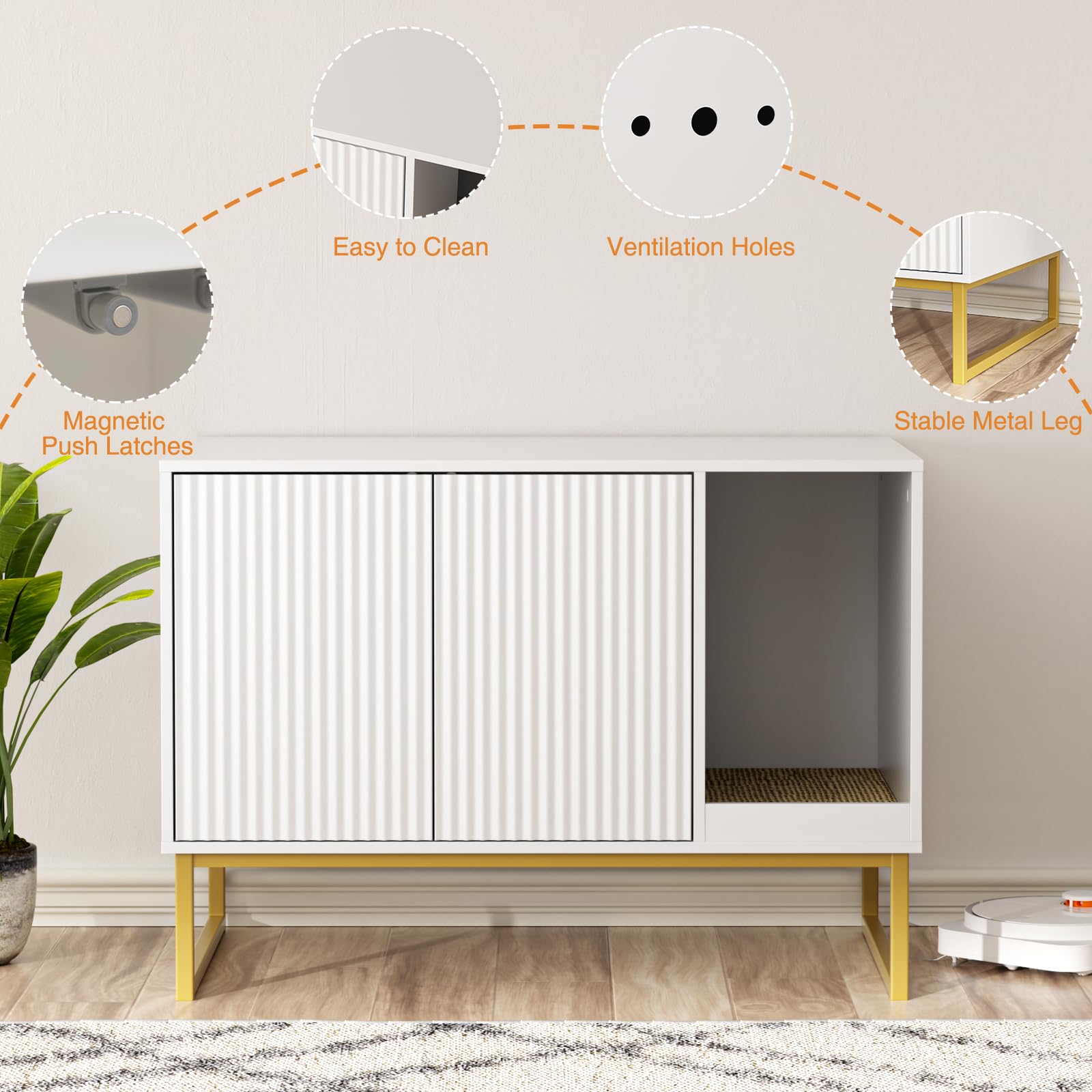 Cat Litter Box Enclosure, Fluted Hidden Litter Box Furniture With Scratch Pad And Metal Legs, Modern Enclosed Cat Cabinet, 31.5