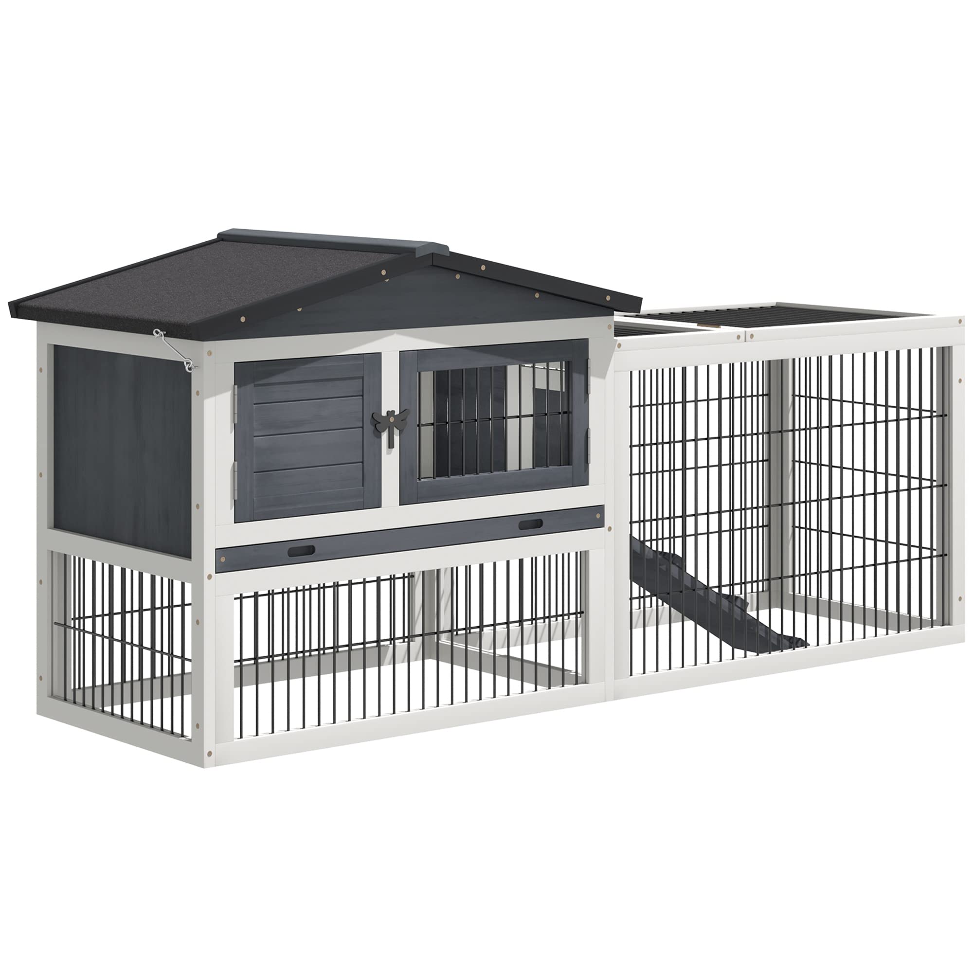 Pawhut 2 Levels Outdoor Rabbit Hutch With Openable Top, 59' Wooden Large Rabbit Cage With Run Weatherproof Roof, Removable Tray, Ramp, Dark Gray