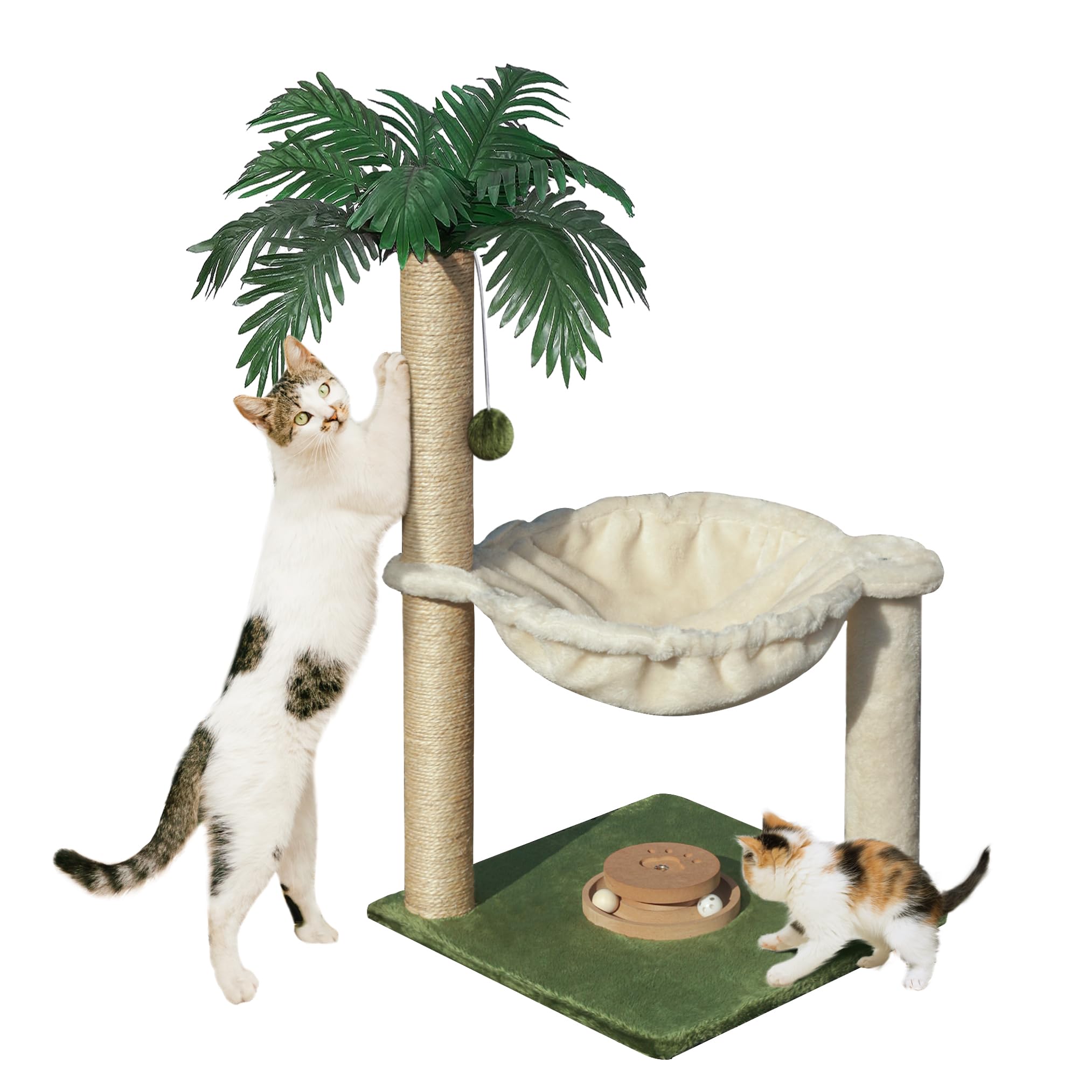 Fantasreen Cat Scratching Post For Indoor Cats - 30 Inches Large Square Scratcher With Hammock, Wooden Interactive Trackball Toy