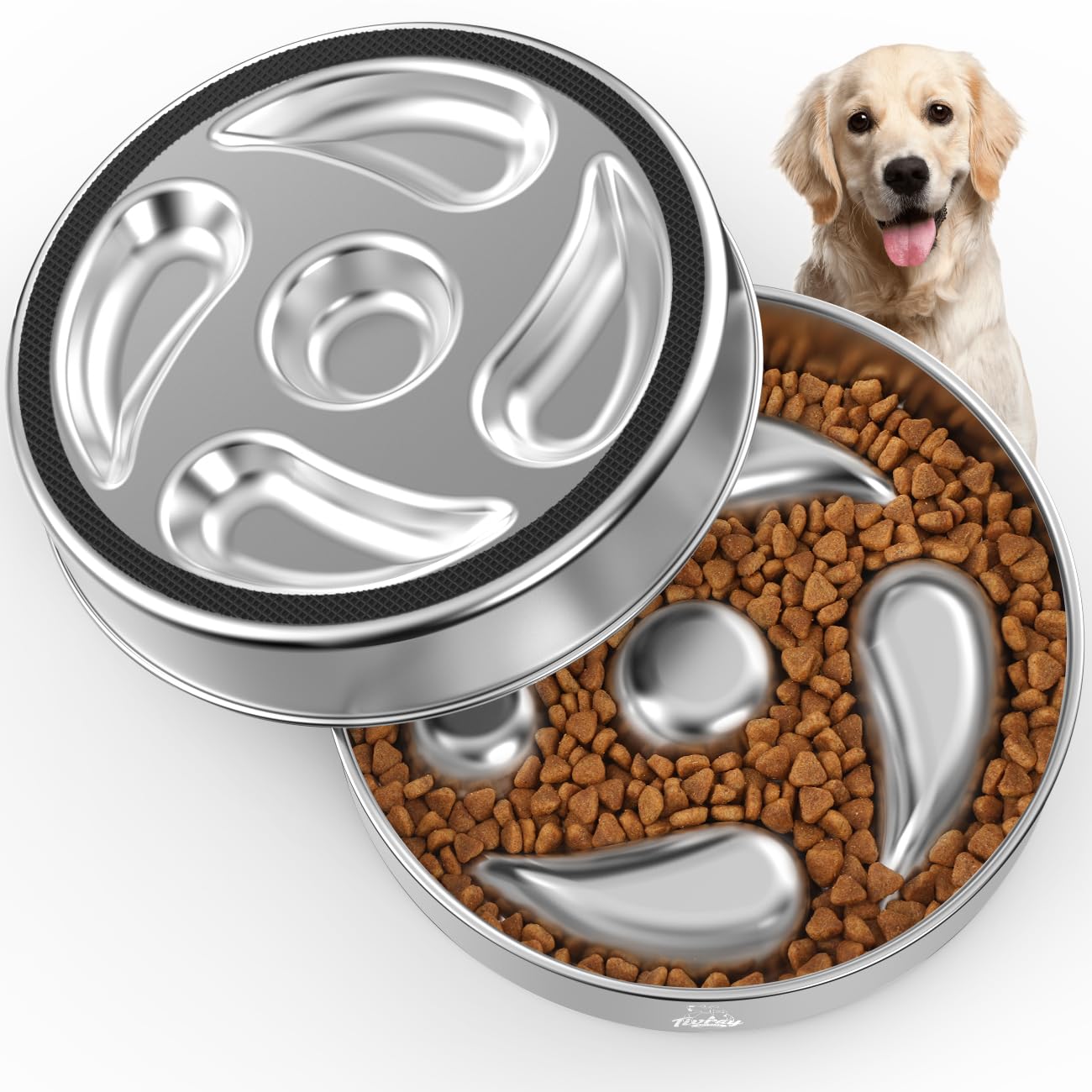 Slow Feeder Dog Bowls, 304 Stainless Steel Dog Slow Feeder Bowl 3.8 Cups Metal Dog Food Bowl with Non-Slip Bottom Shallow Slow E