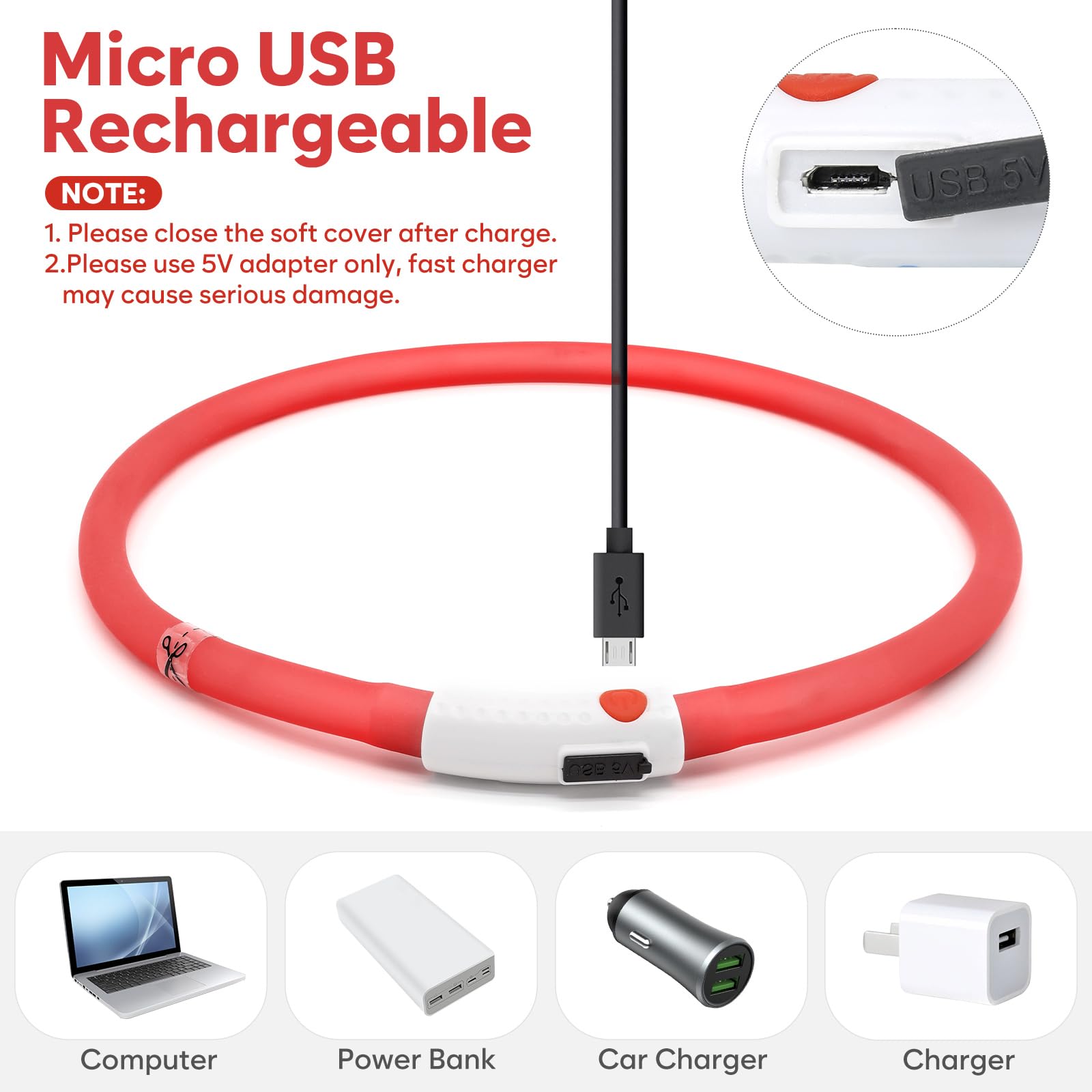 Higo Light Up Dog Collars - Rechargeable Lightweight Glowing Puppy Collar, Silicone Lighted Pet Collar Lights For Night Walking (Red)