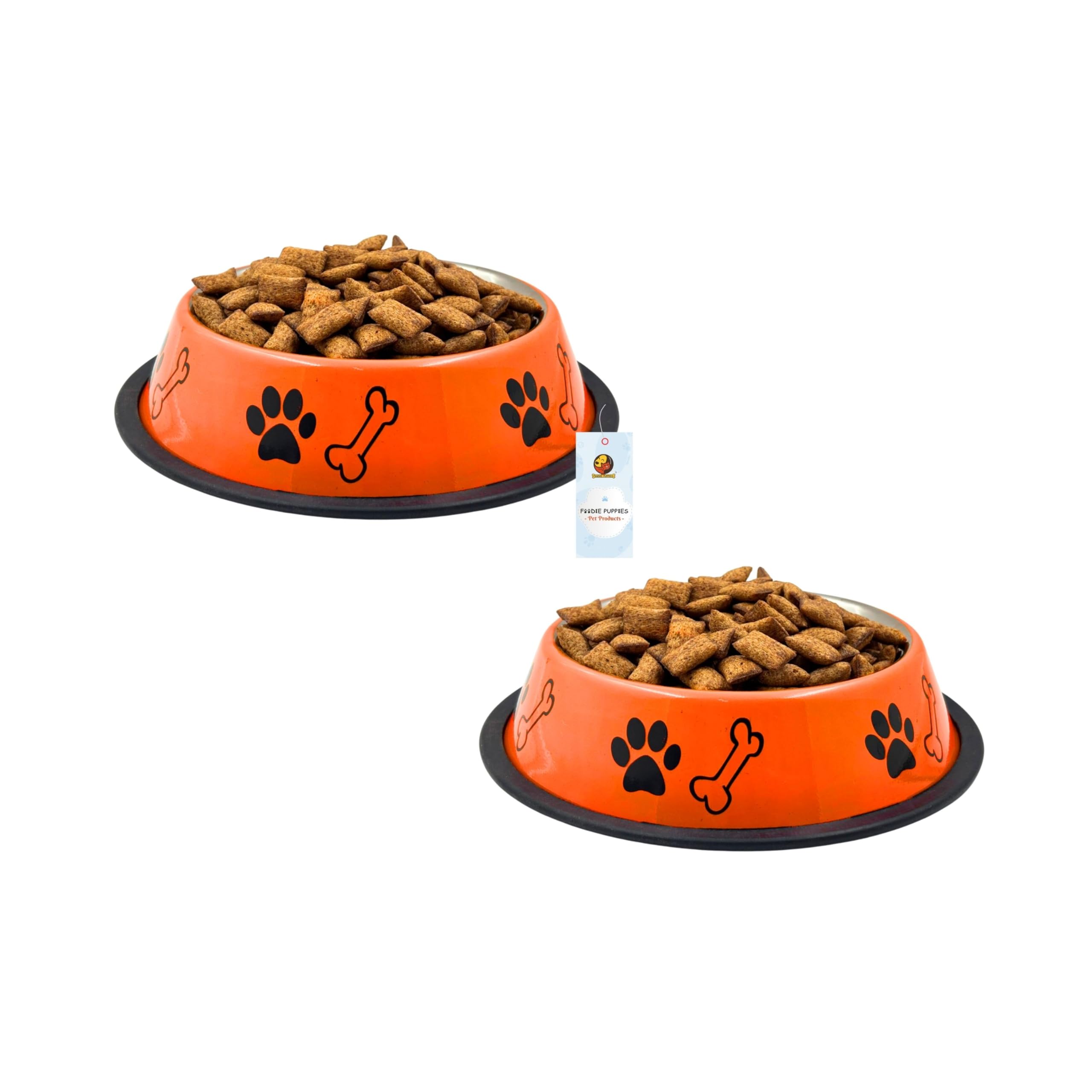 Foodie Puppies Stainless Steel Paw Bone Printed Bowl For Dogs, Cats & Any Pets  450Ml, Small (Pack Of 2, Fiery Orange) I NonSk