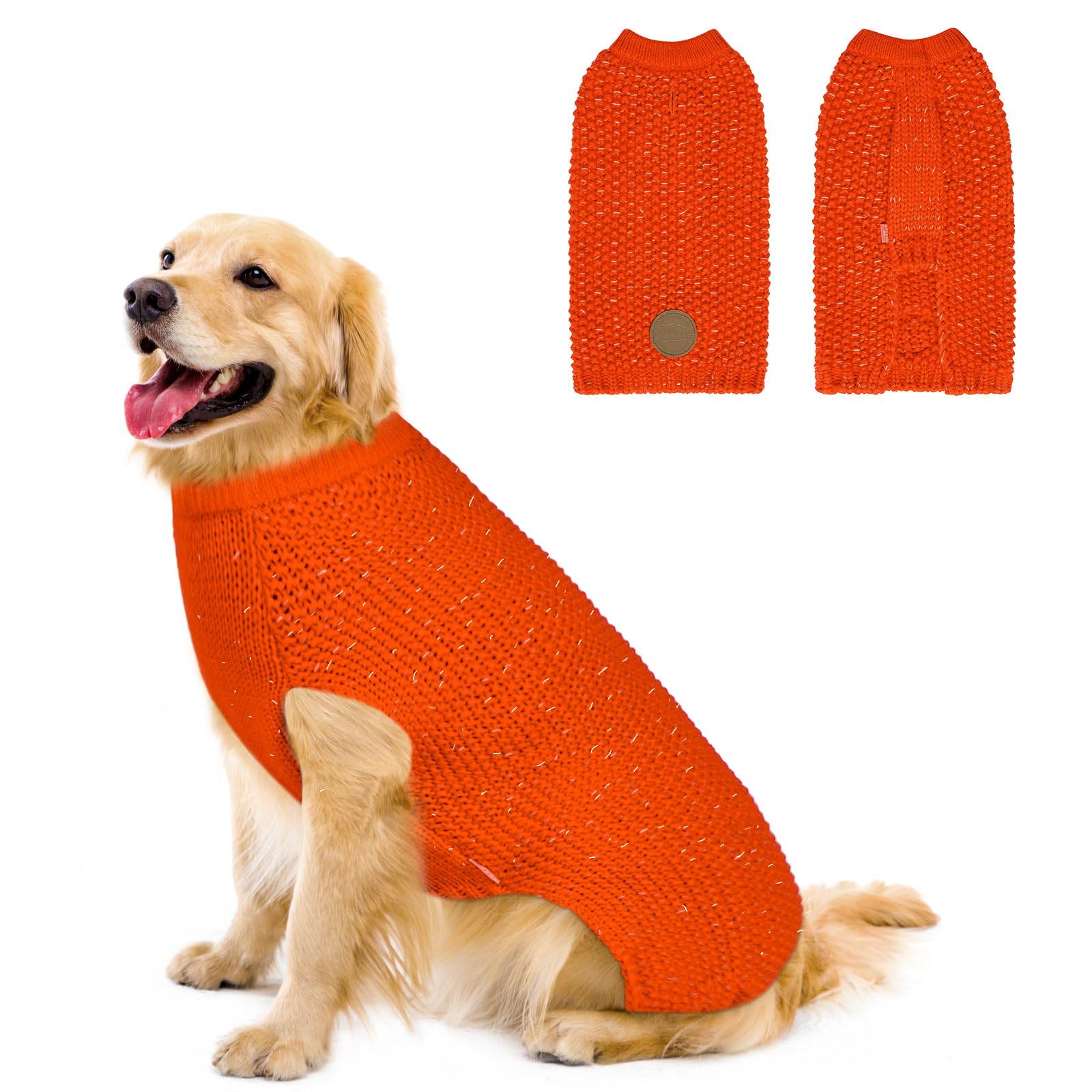 Kyeese Warm Dog Coat - Stretchy, Comfy, Classic Sweater With Leash Hole For Medium Dogs, Orange, Xl