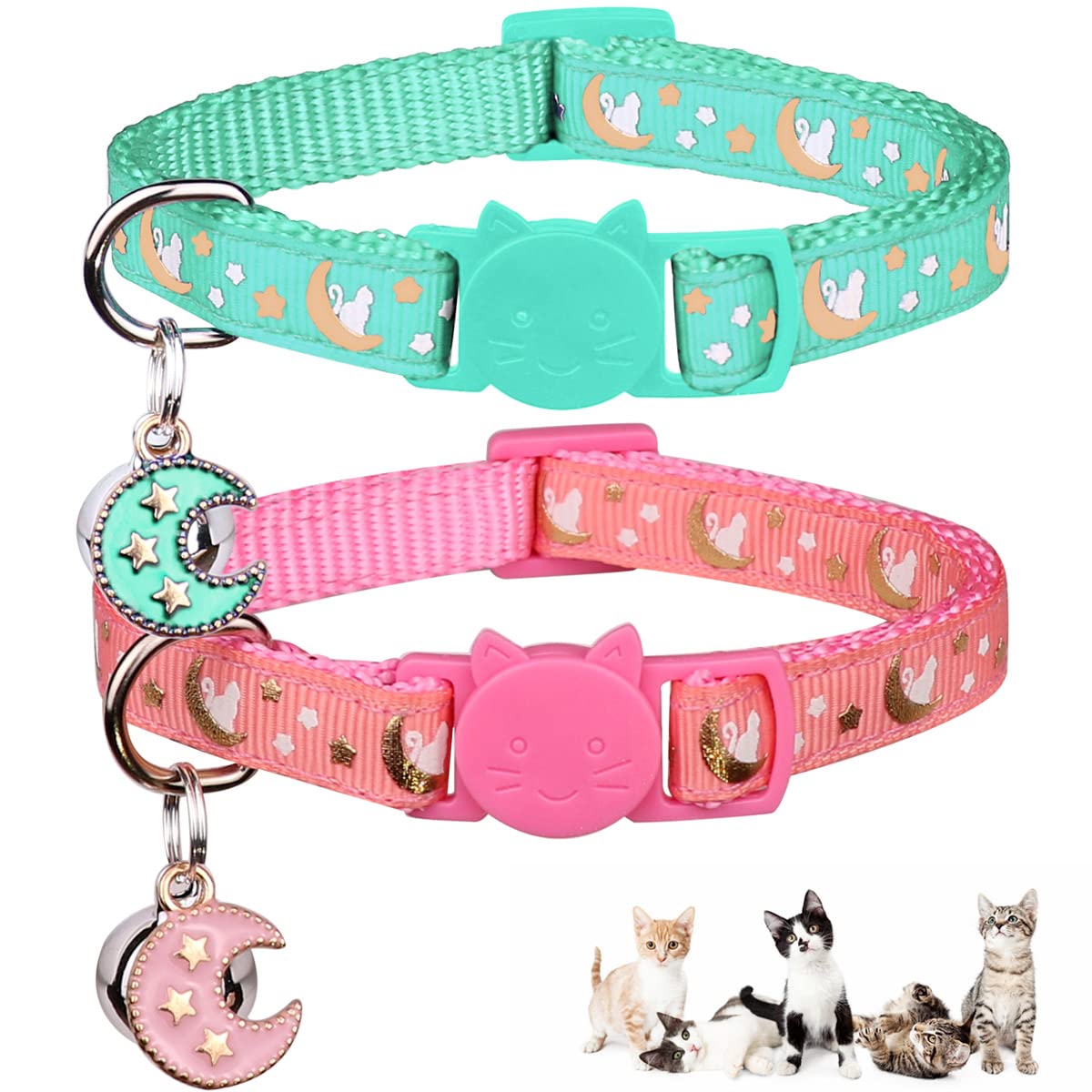 2Pcs Breakaway Cats Collars Cat Collars For Boy & Girl Cats Adjustable Kitten Collars With Bell,Pink+Teal