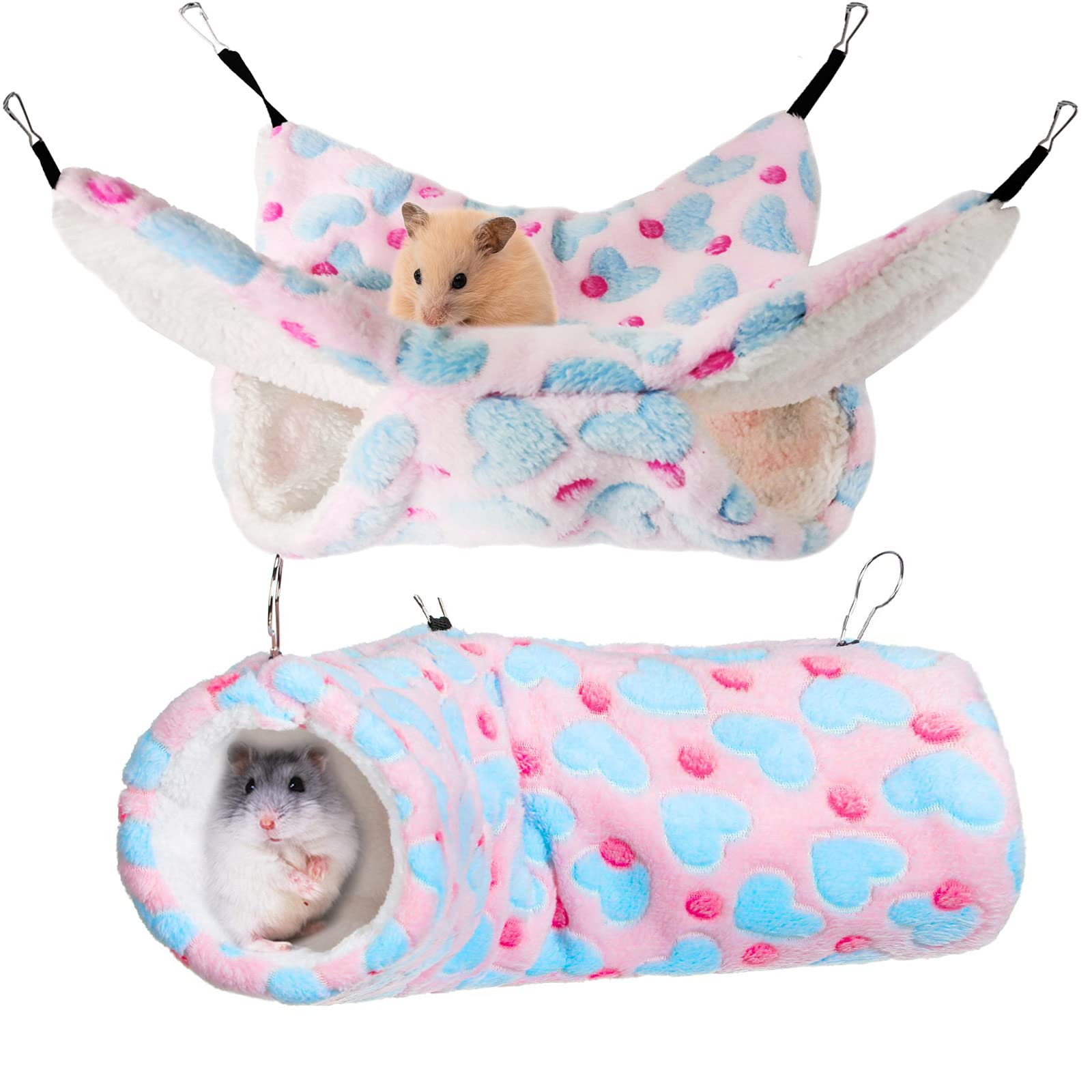 Eismc2 2 Pieces Small Animals Pet Cage Hammock Hanging Tunnel, Guinea Hammock Bed Accessories For Ferret Rat Chincilla (Pink)