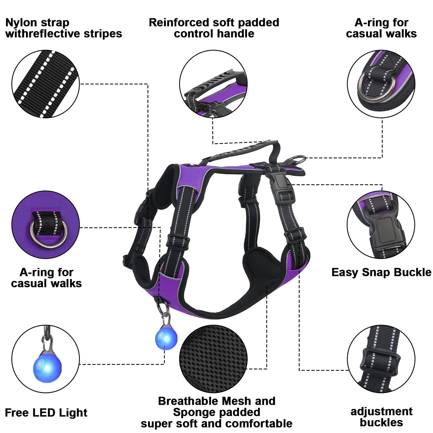 Perperqer Dog Harness Purple No Pull Y Shaped for Medium Sized Dog, Small to Large Dogs Reflective Adjustable Easy Walk Puppy Ha