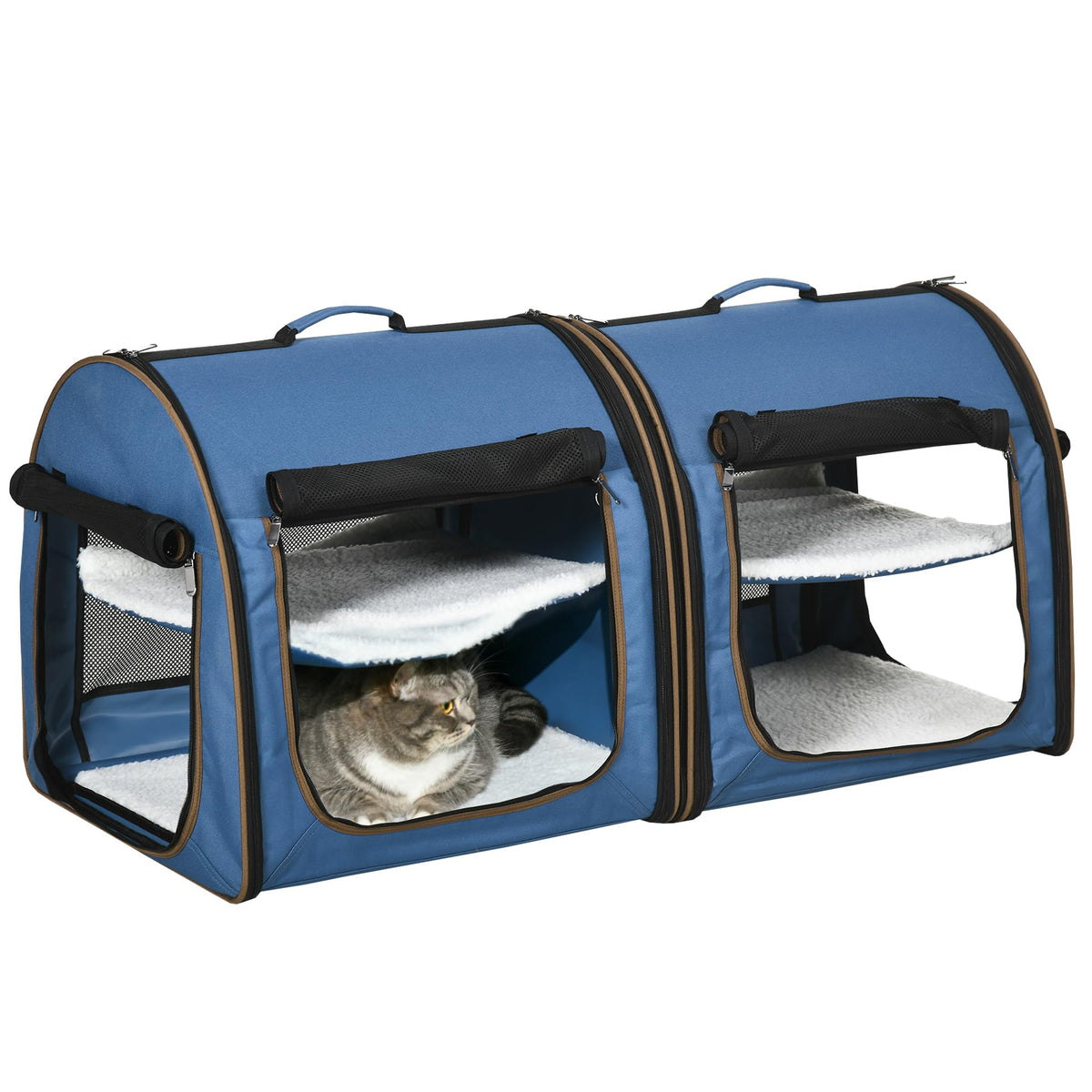 Pawhut 39' Portable Soft-Sided Cat Carrier, Travel Pet Carrier With Divider, Two Compartments, Soft Cushions, & Storage Bag, Blue